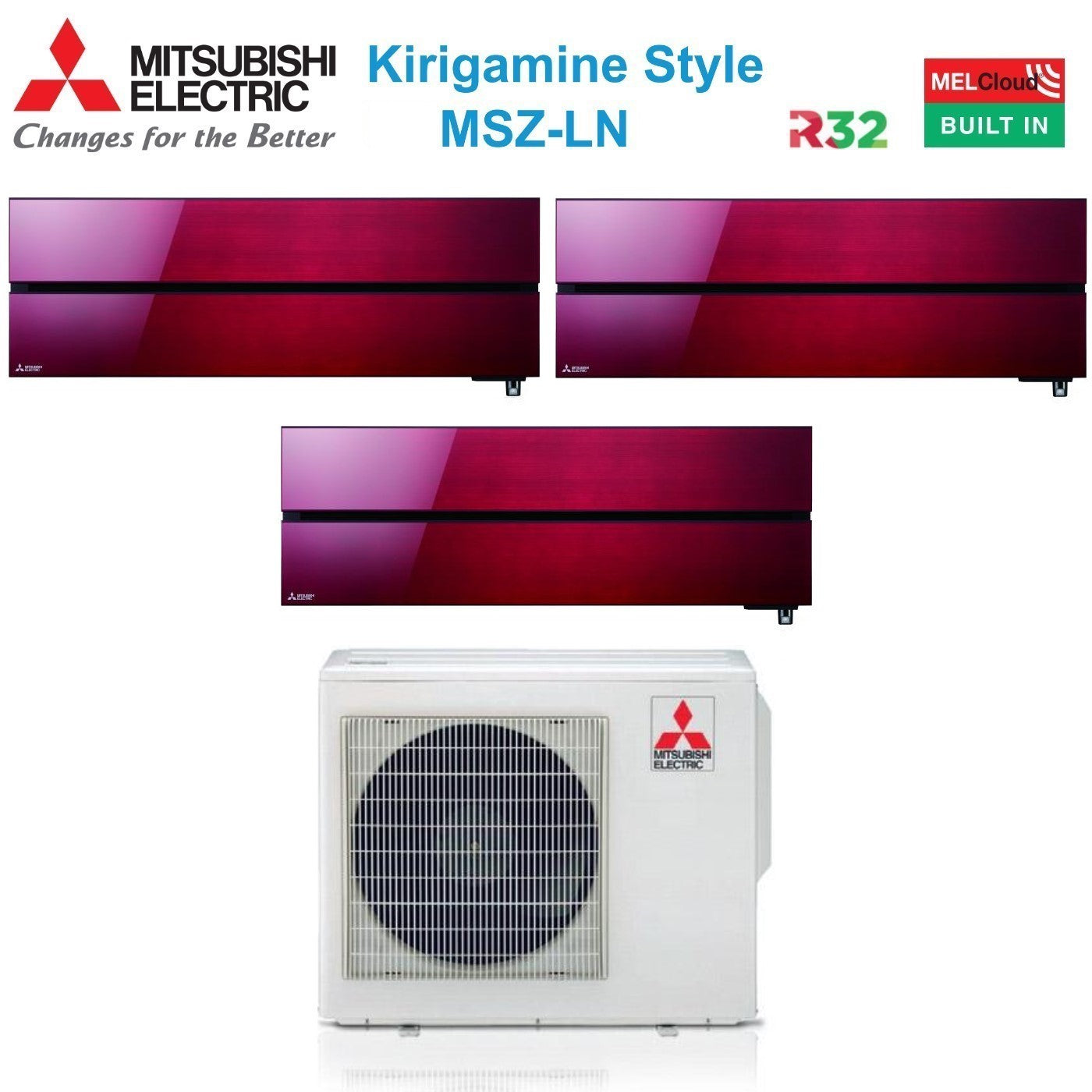 Air conditioner tri-split Mitsubishi Electric Kirigamine Style Ruby Red 9000+9000+9000 with MXZ-3F54VF R-32 built-in Wi-Fi