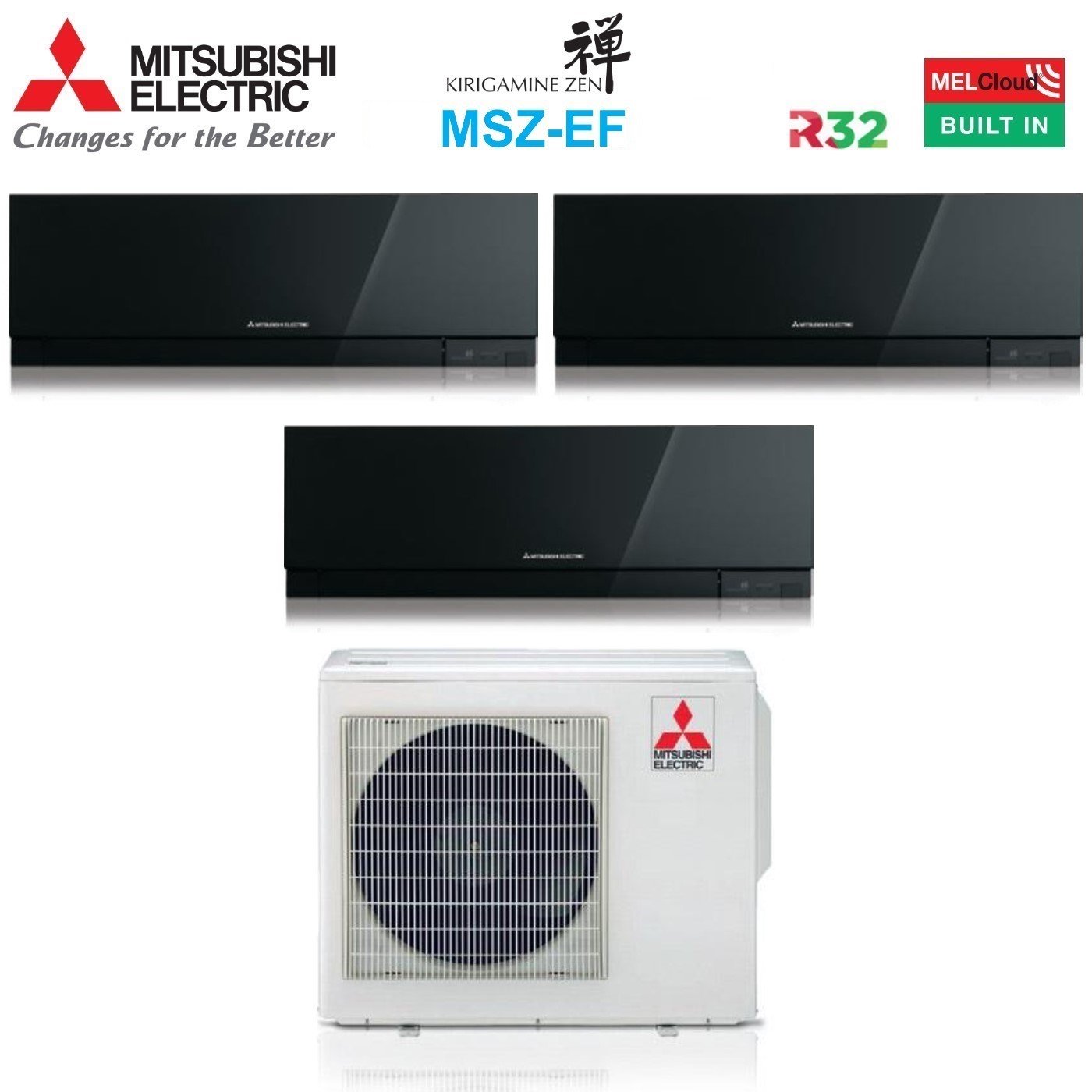 Mitsubishi Electric Trial Split Inverter Air Conditioner KIRIGAMINE ZEN BLACK MSZ-EF 12+15+15 series with MXZ-3F68VF R-32 Integrated Wi-Fi Black Color 12000+15000+15000