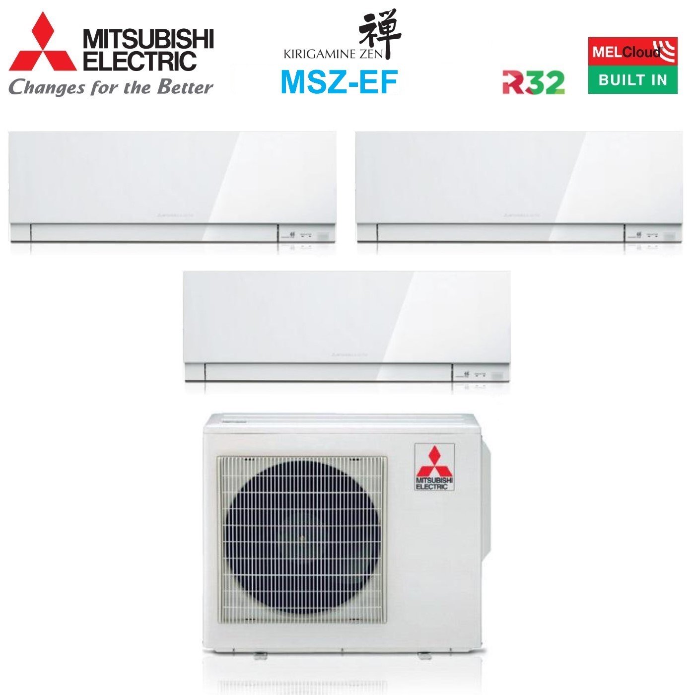 Air conditioner tri-split Mitsubishi Electric Kirigamine Zen White 7000+7000+18000 with MXZ-3F54VF R-32 built-in Wi-Fi