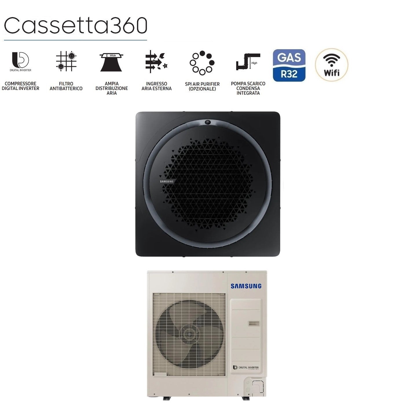 Air conditioner Samsung Inverter Cassetta 360° 36000 Btu AC100RN4PKG/EU Monofase R-32 optional Wi-Fi Vari Pannelli Disponibili