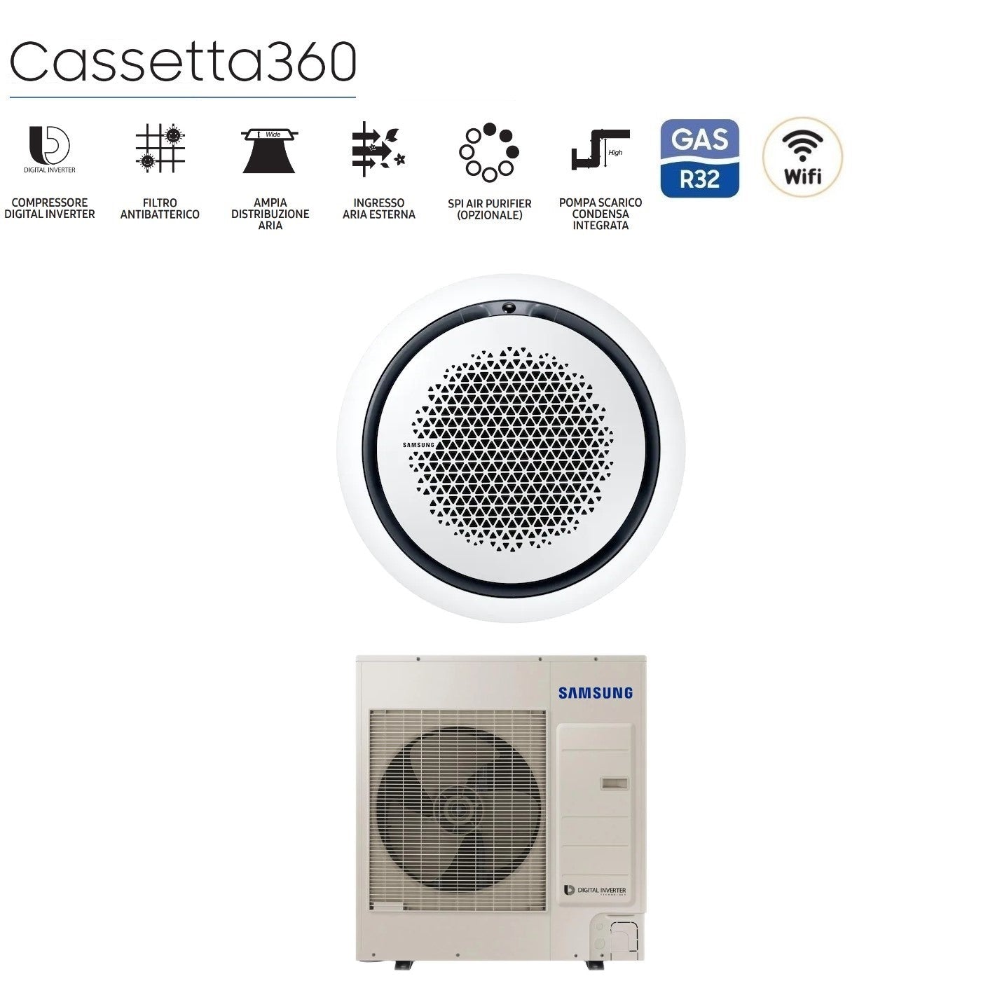 Air conditioner Samsung Inverter Cassetta 360° 36000 Btu AC100RN4PKG/EU Trifase R-32 optional Wi-Fi Vari Pannelli Disponibili