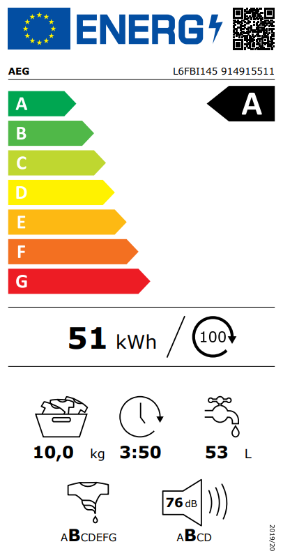 Lavatrice 10 kg AEG L6FBI145 Classe A 1400 giri Motore inverter ProSense A libera installazione (A84,7xL59,7xP63,6)