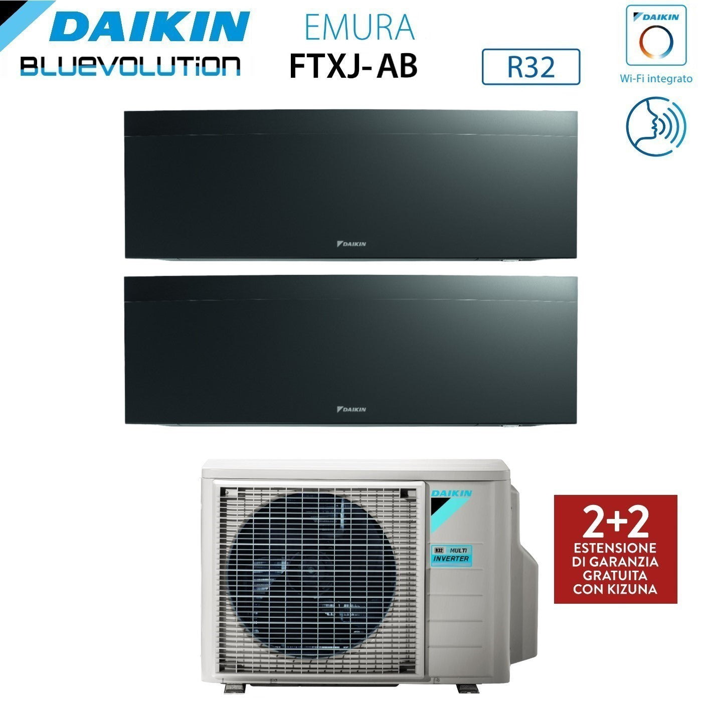 Daikin Bluevolution Dual Split Inverter Air Conditioner EMURA BLACK III 7+7 series with 2MXM40A R-32 Integrated Wi-Fi 7000+7000 Black Color Italian Warranty