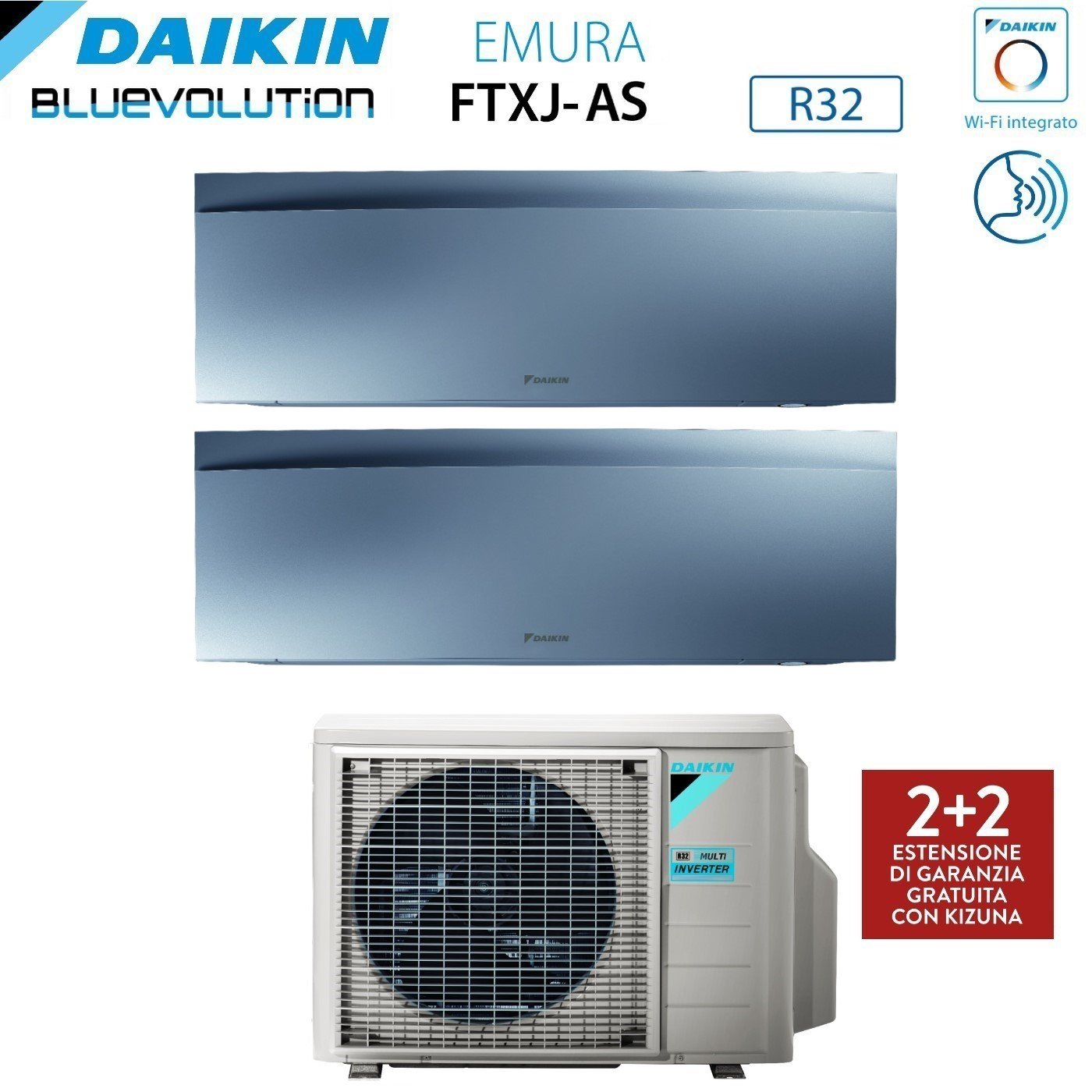 Daikin Bluevolution Dual Split Inverter Air Conditioner EMURA SILVER III 9+12 series with 2MXM68N R-32 Integrated Wi-Fi 9000+12000 Silver Color - Italian Warranty