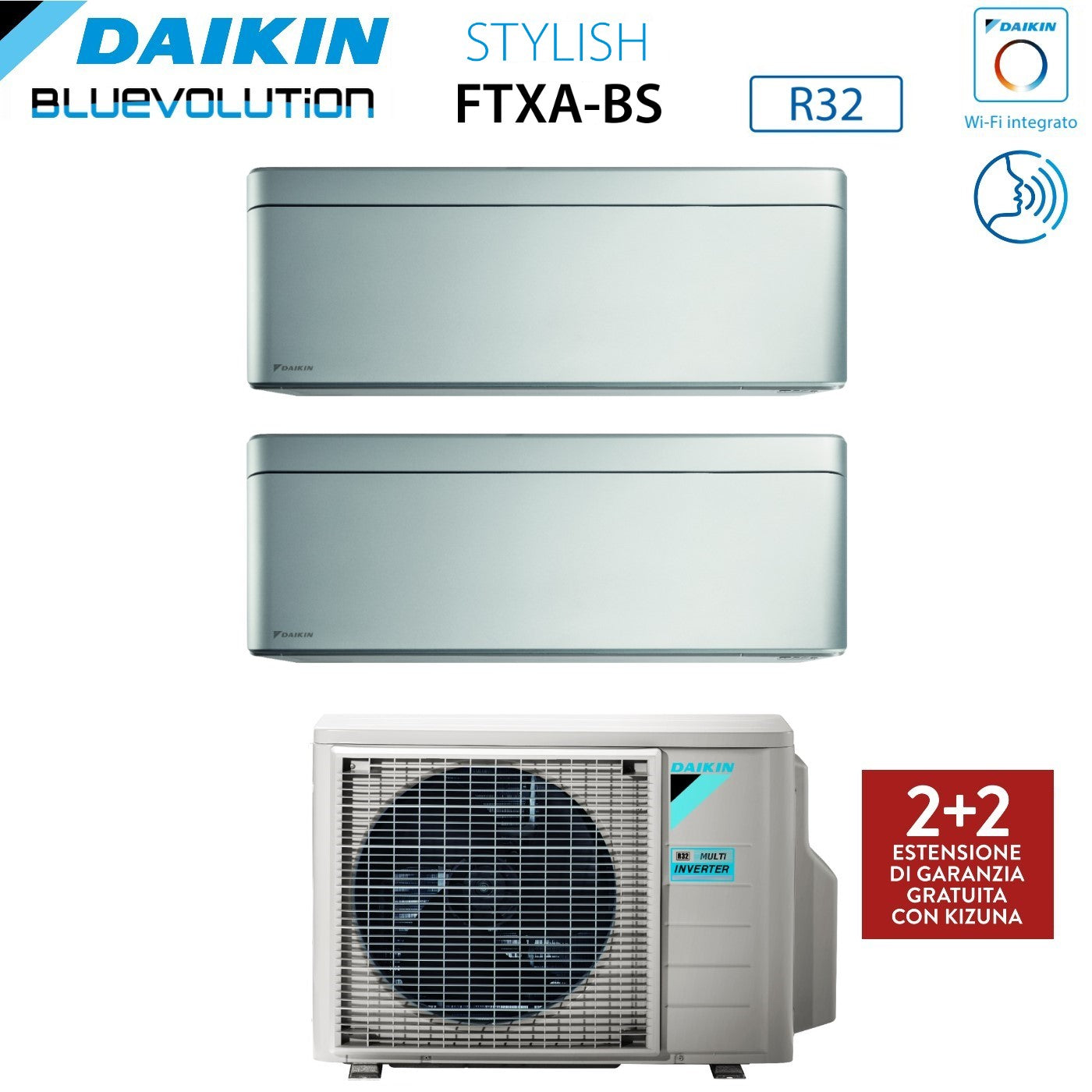 Daikin Bluevolution Dual Split Inverter Air Conditioner STYLISH TOTAL SILVER 7+15 series with 2MXM68N R-32 Integrated Wi-Fi 7000+15000 Gray Color - Italian Warranty