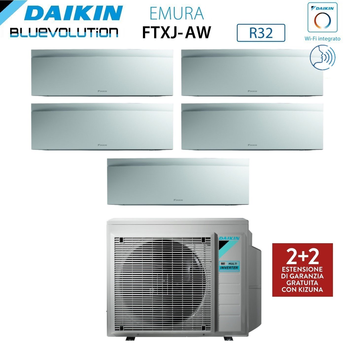 Air conditioner penta-split Daikin Bluevolution Inverter series EMURA WHITE III 9+9+12+12+12 with 5MXM90N R-32 built-in Wi-Fi 9000+9000+12000+12000+12000 Colore white - Garanzia Italiana