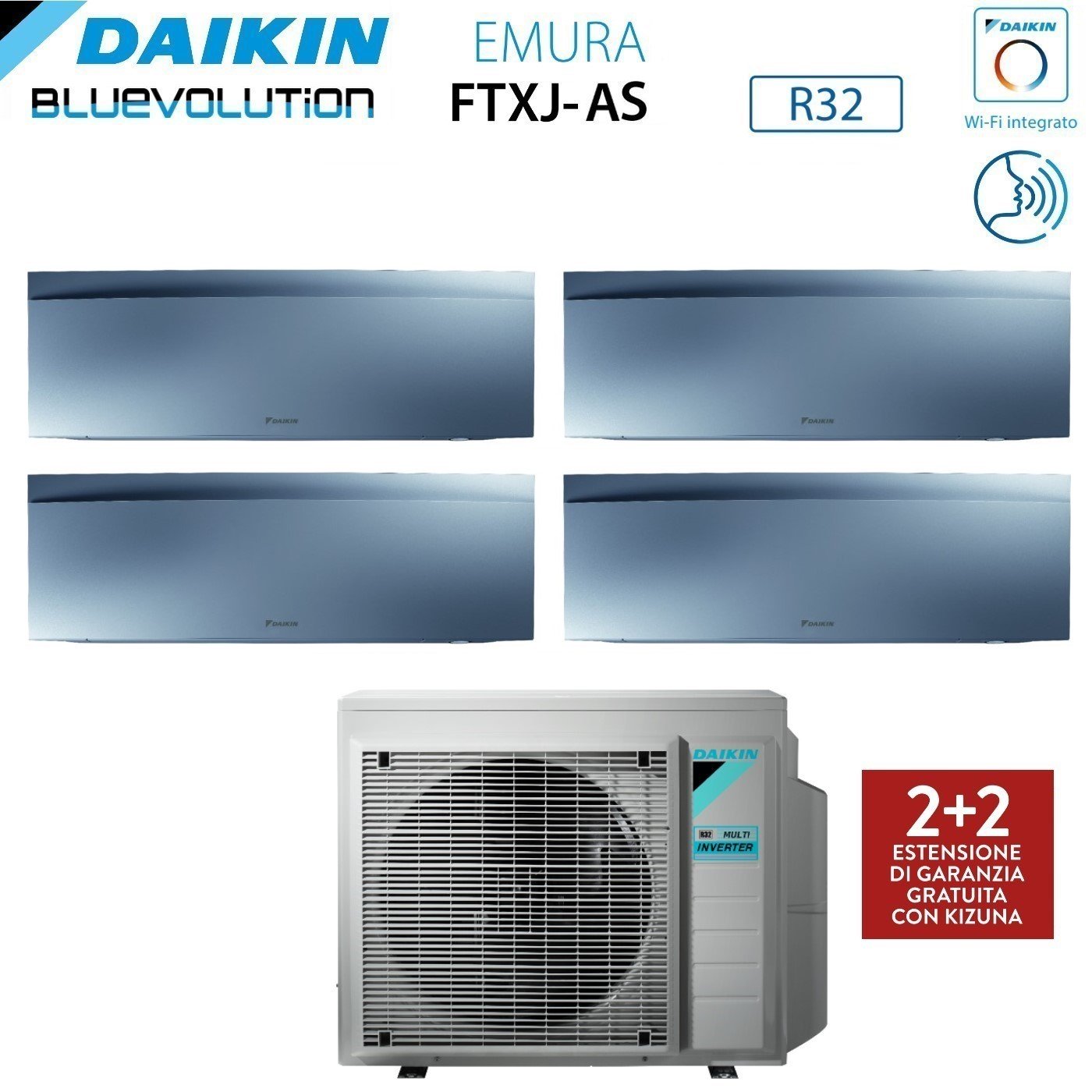 Daikin Bluevolution Air Conditioner Split Inverter Panels EMURA SILVER III series 7+7+7+15 with 4MXM68N R-32 Integrated Wi-Fi 7000+7000+7000+15000 Silver Color - Italian Warranty