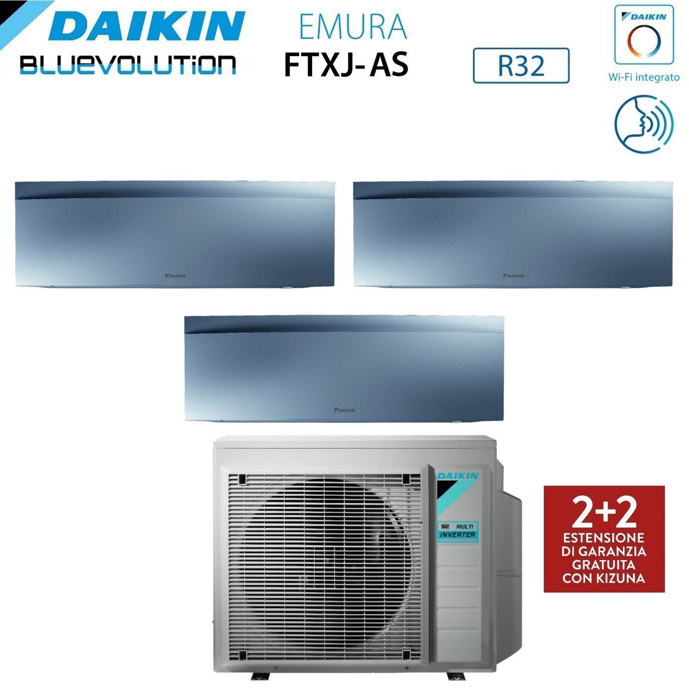 Daikin Bluevolution Trial Split Inverter Air Conditioner EMURA SILVER III 7+9+9 series with 3MXM68N R-32 Integrated Wi-Fi 7000+9000+9000 Silver Color - Italian Warranty