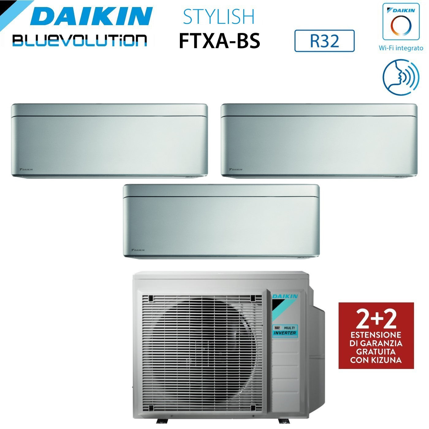 Air conditioner tri-split Daikin Bluevolution Inverter series STYLISH TOTAL SILVER 9+9+15 with 3MXM68N R-32 built-in Wi-Fi 9000+9000+15000 Colore Grigio - Garanzia Italiana