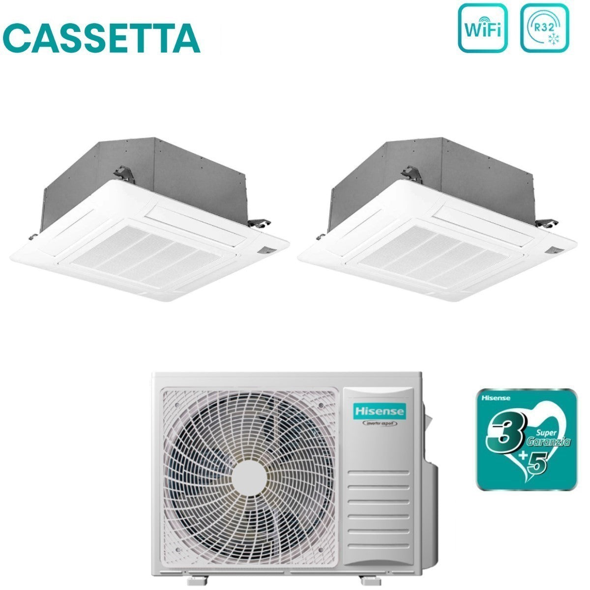 Air conditioner dual-split Hisense Inverter a Cassetta 18+18 with 4AMW81U4RJC R-32 optional Wi-Fi 18000+18000 with Telecomando e Pannello Incluso