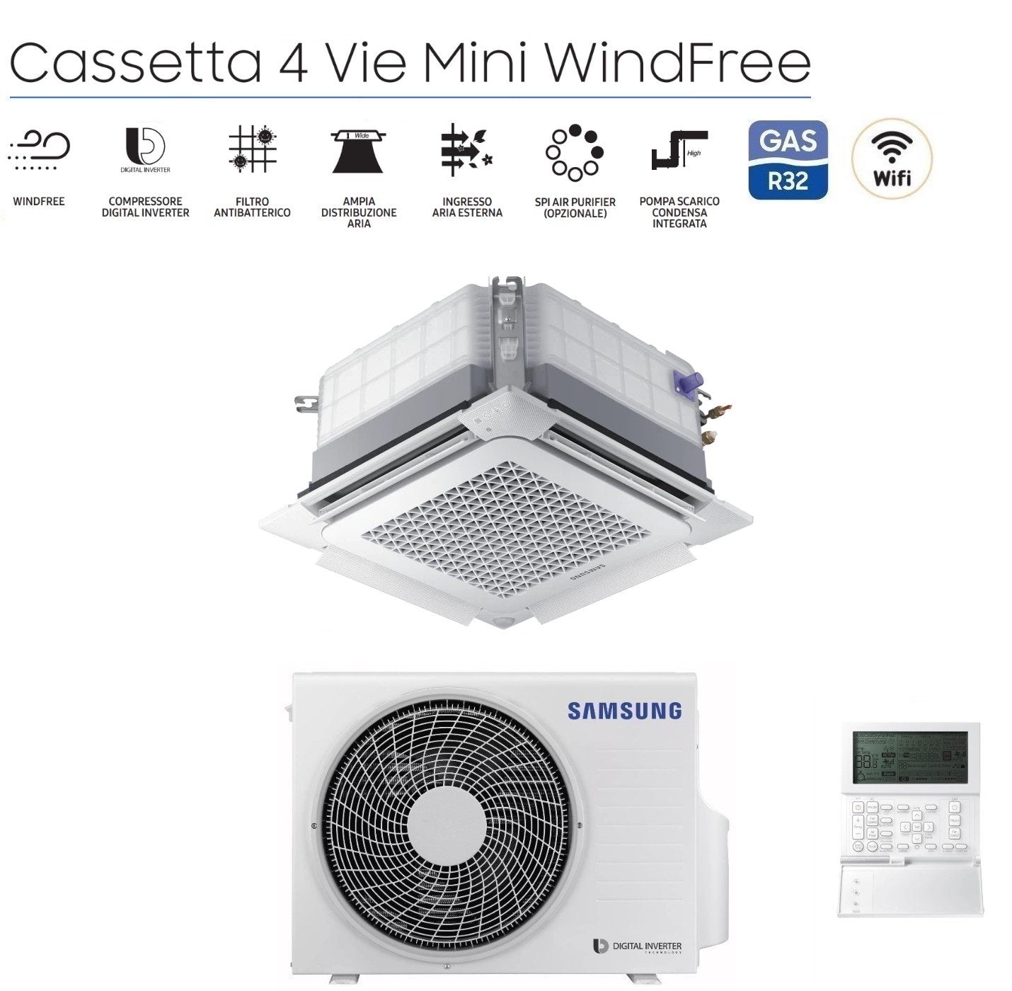 Samsung Inverter Air Conditioning Cassette 4 Way Mini Windfree 12000 btu R-32 AC035RNNDKG with panel and wired control - NEW