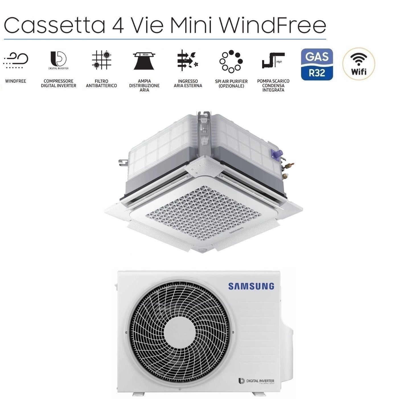 Samsung Inverter Air Conditioner Cassette 4 Way Mini Windfree 18000 Btu AC052RNNDKG R-32 Wi-Fi Optional with Panel Included