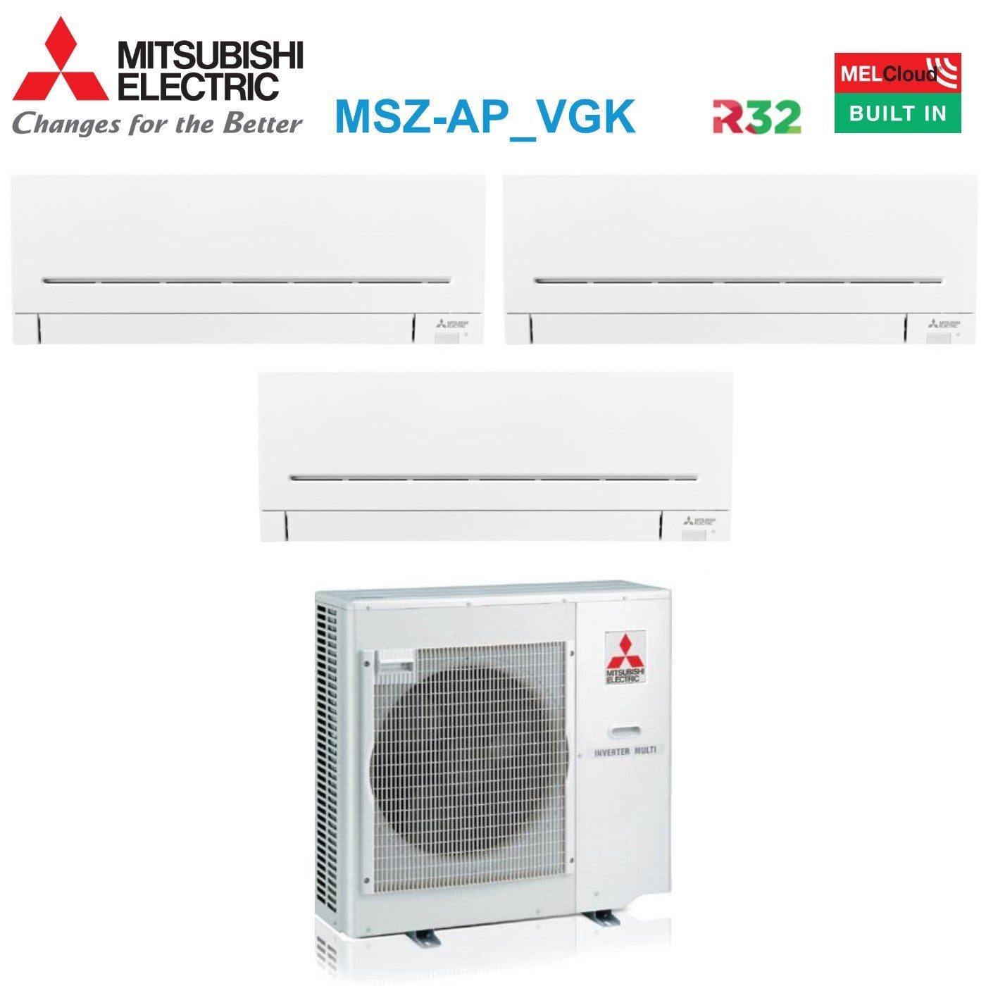 Air conditioner tri-split Mitsubishi Electric Inverter series AP-VGK 9+9+15 with MXZ-4F80VF R-32 built-in Wi-Fi 9000+9000+15000