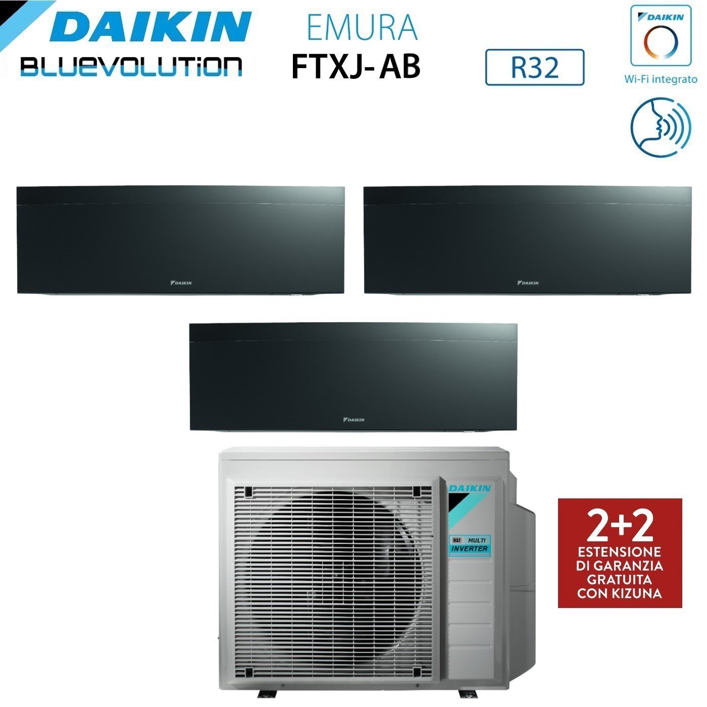 Daikin Bluevolution Trial Split Inverter Air Conditioner EMURA BLACK III 7+9+18 series with 3MXM68N R-32 Integrated Wi-Fi 7000+9000+18000 Black Color - Italian Warranty