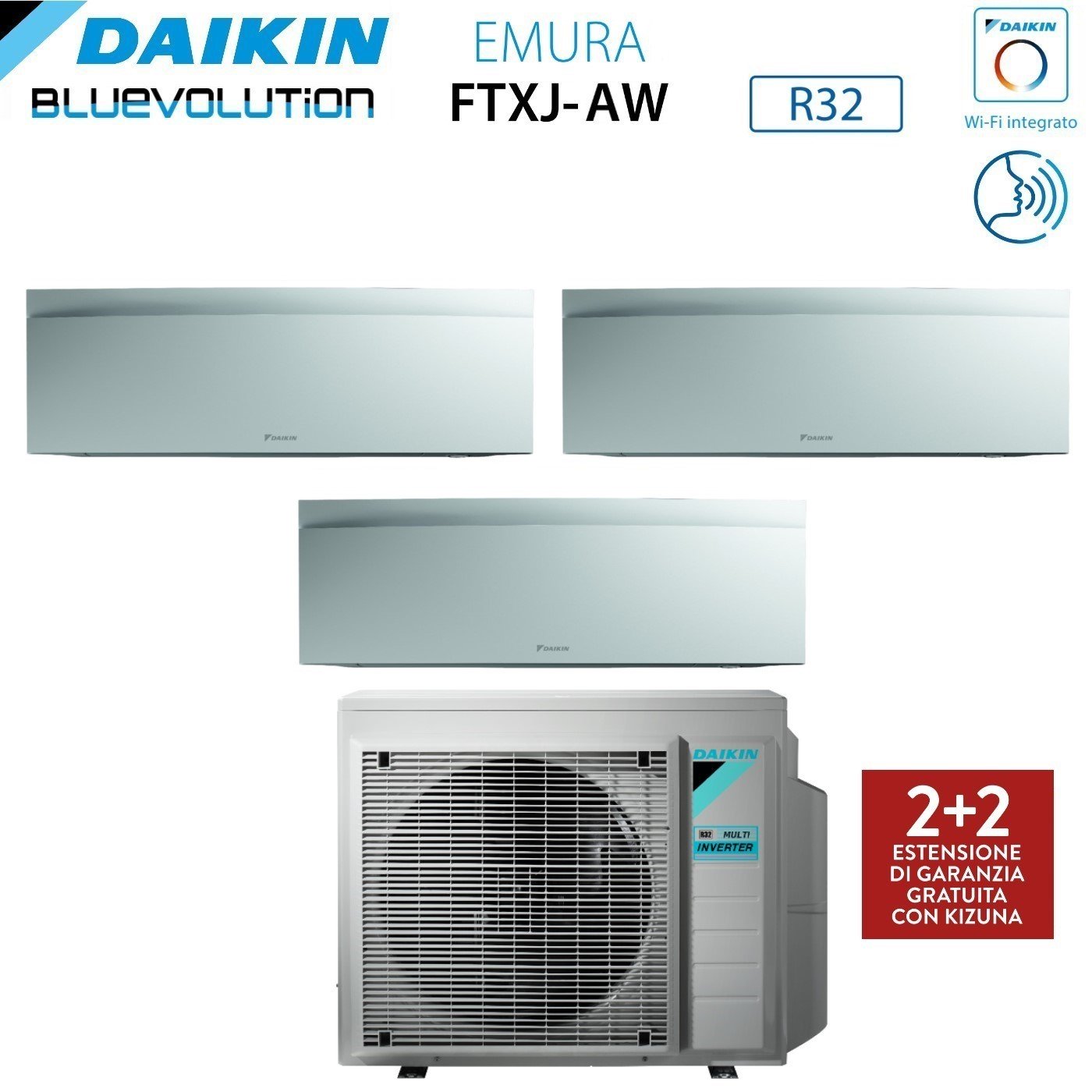 Daikin Bluevolution Trial Split Inverter Air Conditioner EMURA WHITE III 7+9+18 series with 3MXM68N R-32 Integrated Wi-Fi 7000+9000+18000 Matt White Color - Italian Warranty