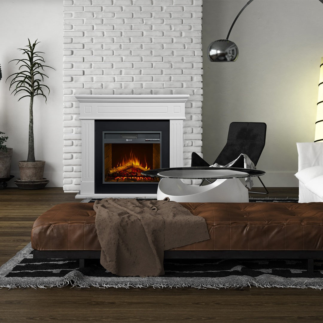 Camino elettrico caminetto da terra CAMBRIDGE in legno white L110 x P25 x H95