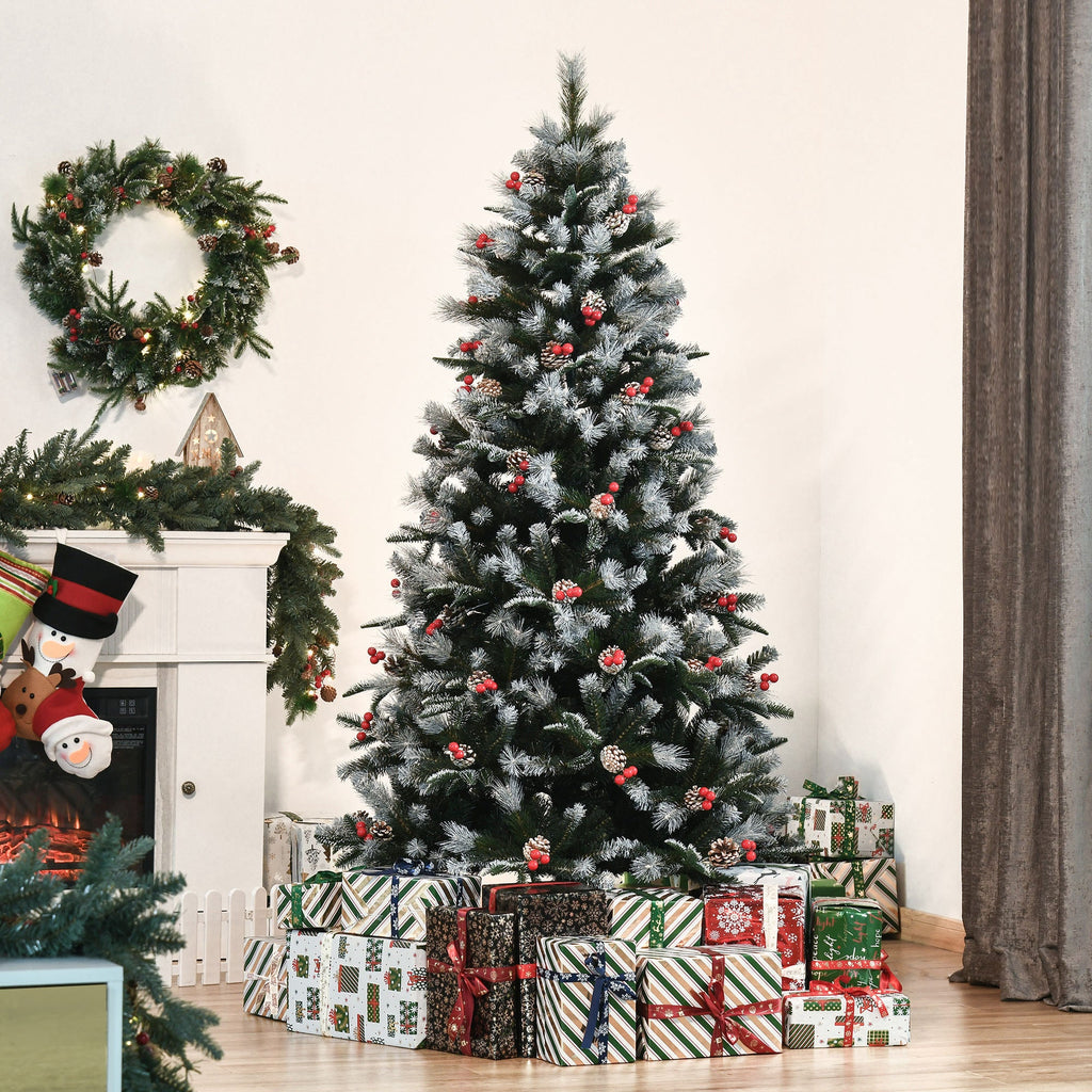 Easycomfort Albero di Natale Innevato 180cm with Bacche Rosse e Pigne Bianche, Base Rimovibile Pieghevole, 678 Rami, Verde