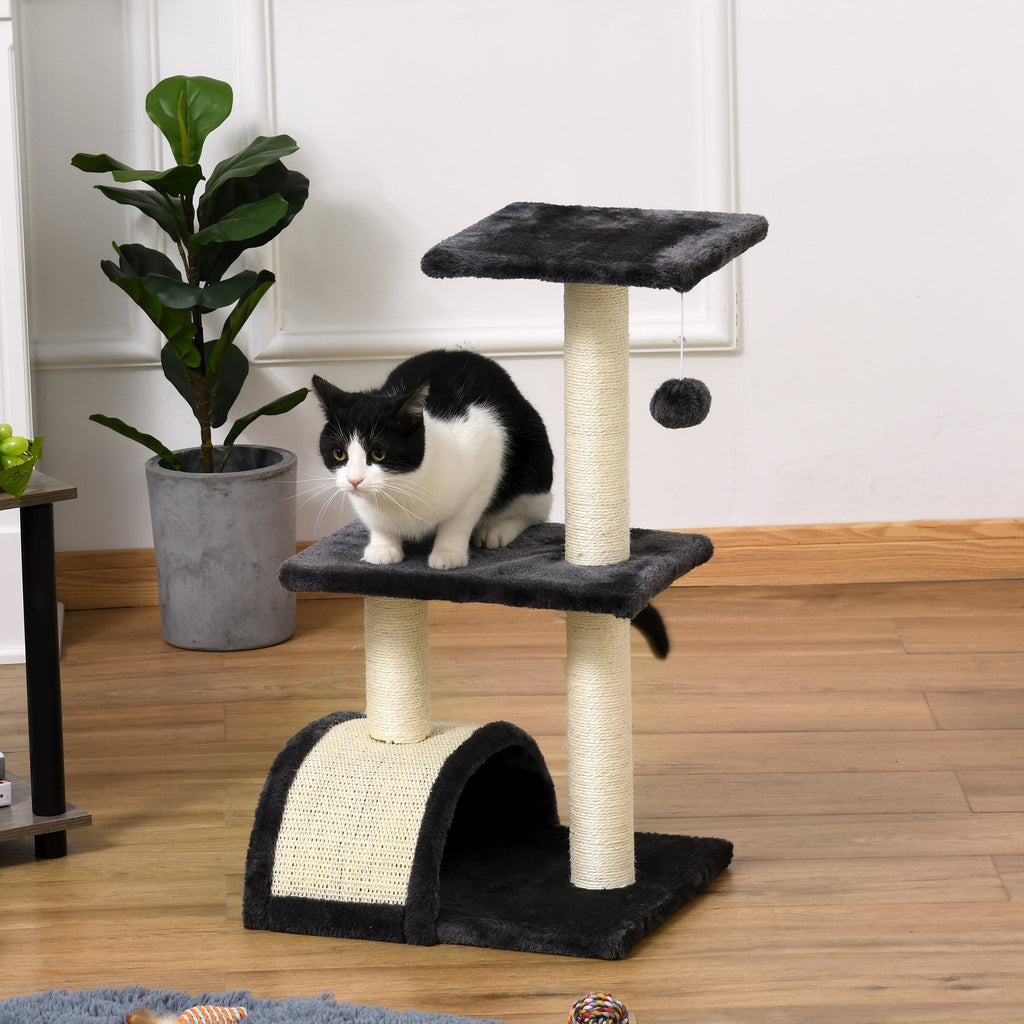 EasyComfort Albero per Gatti a 3 Livelli con Tappetino Tiragraffi ad Arco, in Legno, Peluche e Sisal, 40x35x72 cm, Grigio