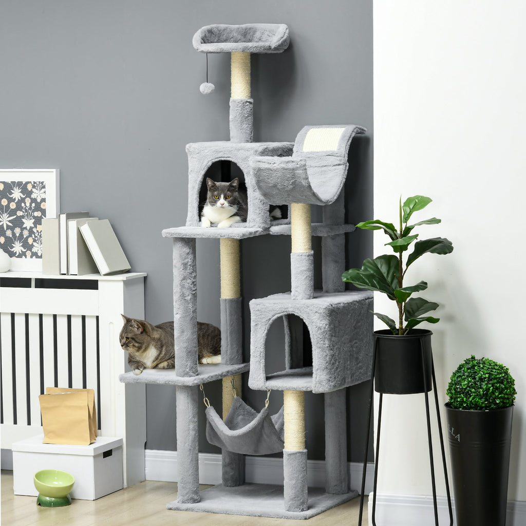 Easycomfort Albero per Gatti with Amaca, Lettino e 2 Casette, in Truciolato e Peluche, 55x49x177 cm, Grigio e white