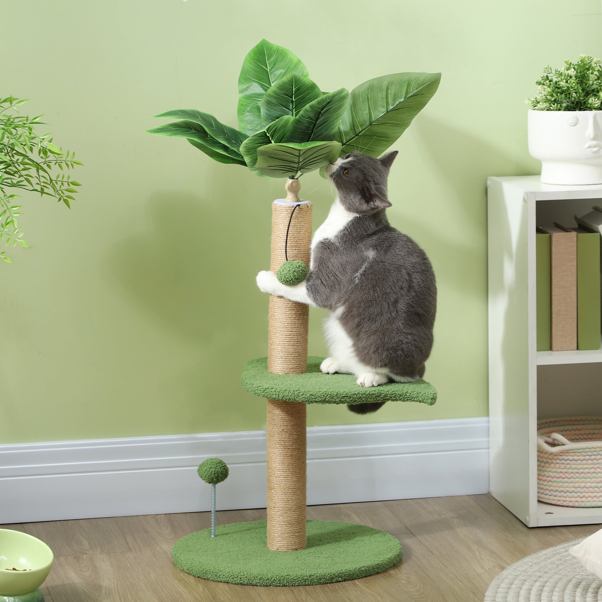 EasyComfort Albero per Gatti con Palo Tiragraffi, Piattaforme e Palline, in Peluche e Truciolato, Ø40x83 cm, Verde
