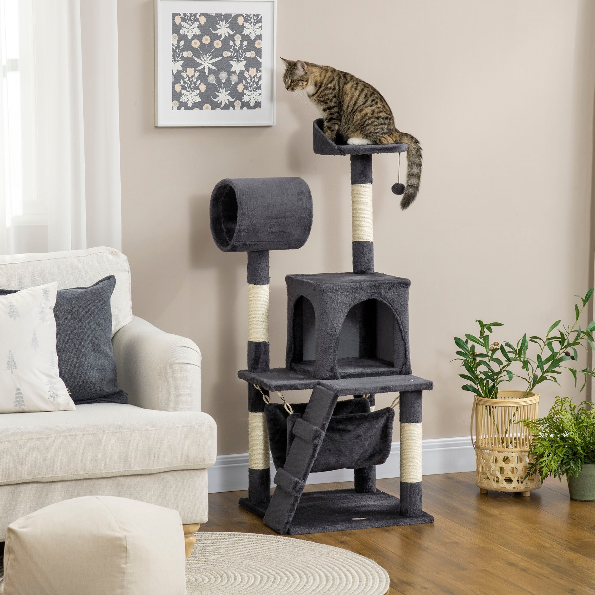 EASYCOMFORT Cat Tree with Cat Scratching Post, Cat House, Hammock, Bed, Tunnel and Ball, 48x48 x125 cm, Dark Gray