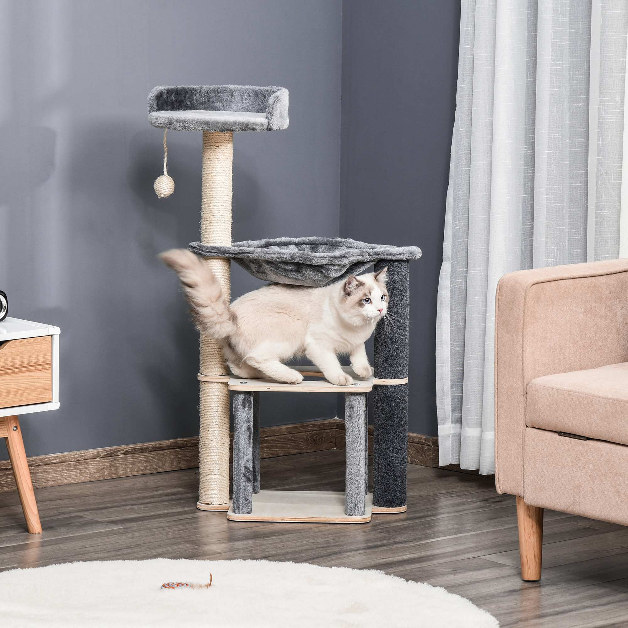 EASYCOMFORT Multilevel Scratching Post Tree for Adult Cats, Cat Gym with House, Hammock, Kennel and Sisal Ropes, 48x34x95cm, Gray