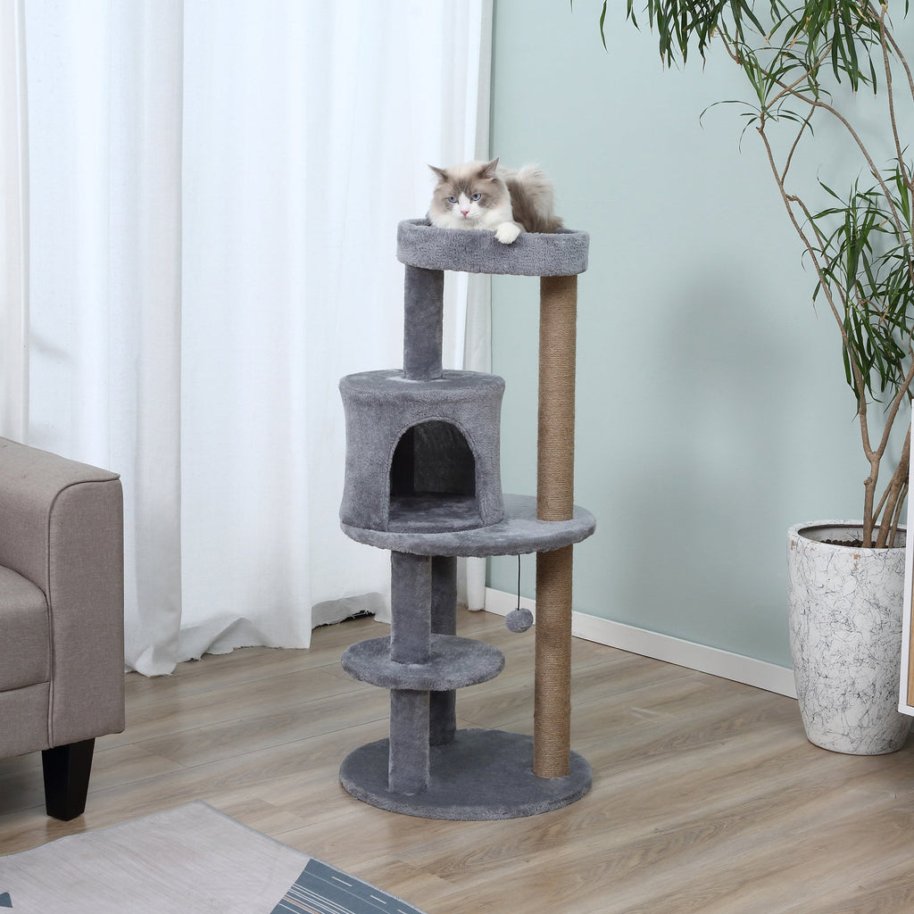 EASYCOMFORT Scratching Tree for 1-2 Cats weighing 4.5kg, Gym Castle for Cats with 3 Levels, Kennel, Bed and Sisal Rope Pole, Gray 48x48x104cm