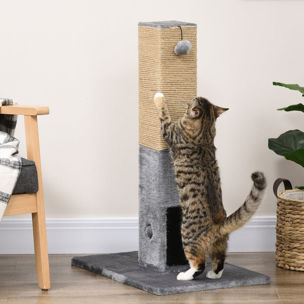 EasyComfort Albero Tiragraffi per Gatti con 2 Palline Giocattolo e Spazzola, in Legno, Iuta e Peluche, 59.5x39x79 cm, Grigio
