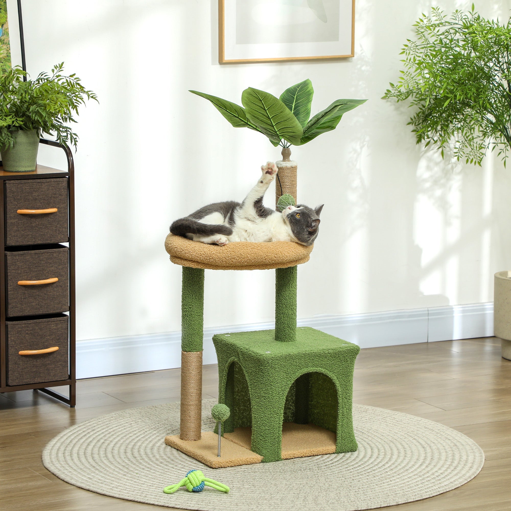 EasyComfort Albero Tiragraffi per Gatti with Casetta, Lettino e 2 Palline, in Legno e Poliestere, 44x30x98 cm, Verde e Marrone