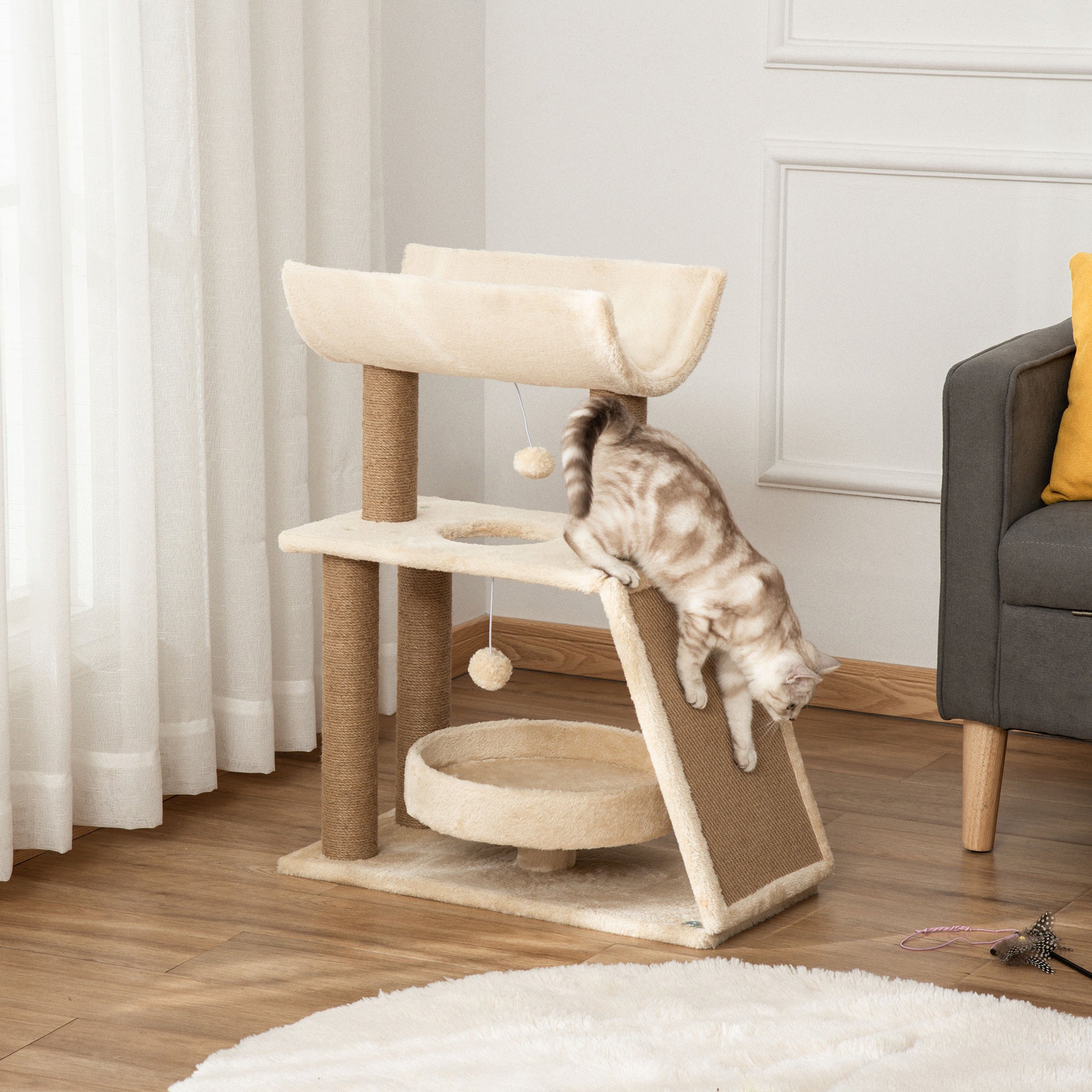 EasyComfort Albero Tiragraffi per Gatti con Lettino, Cuccia e Tappetino, in Legno, Peluche e Sisal, 60x30x76 cm, Marrone Chiaro