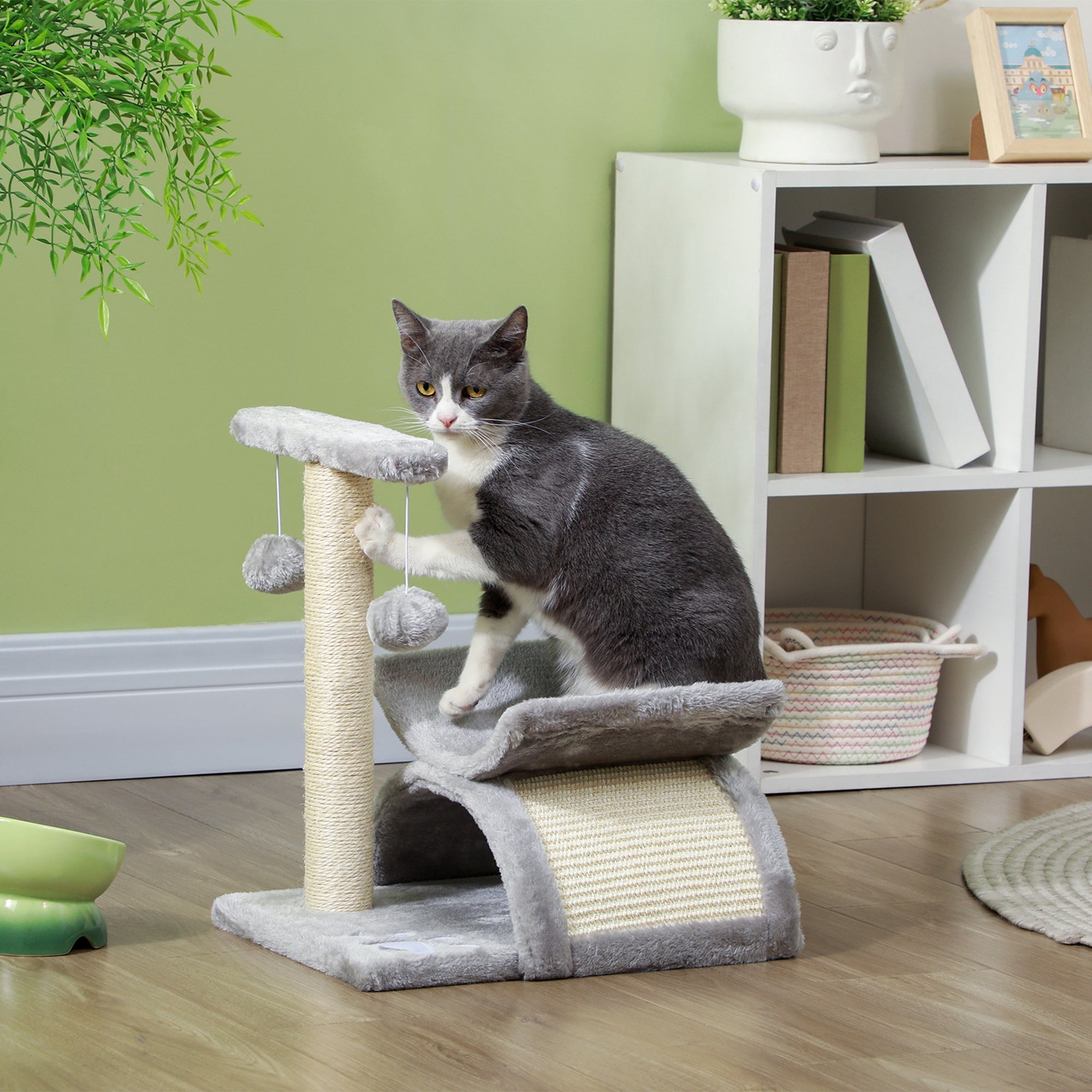 EasyComfort Albero Tiragraffi per Gatti in Peluche con Palo in Sisal, Cuccia e 2 Palline, 40x30x43cm, Grigio
