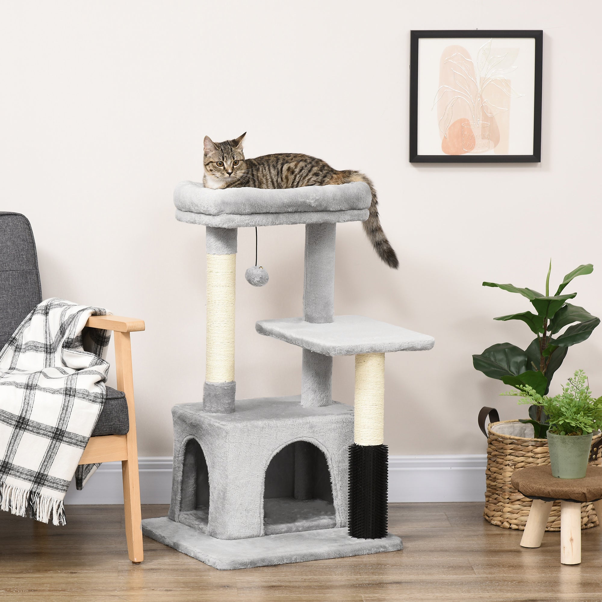EasyComfort Albero Tiragraffi per Gatti Multilivello con Lettino e Casetta, Rivestimento in Peluche, Grigio