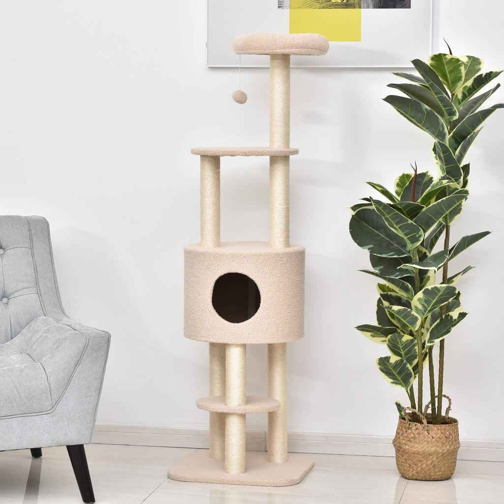 EASYCOMFORT Sturdy Scratching Post for Cats with 5 Levels, Kennel, House, Games and Sisal Rope, Beige, Max 30kg