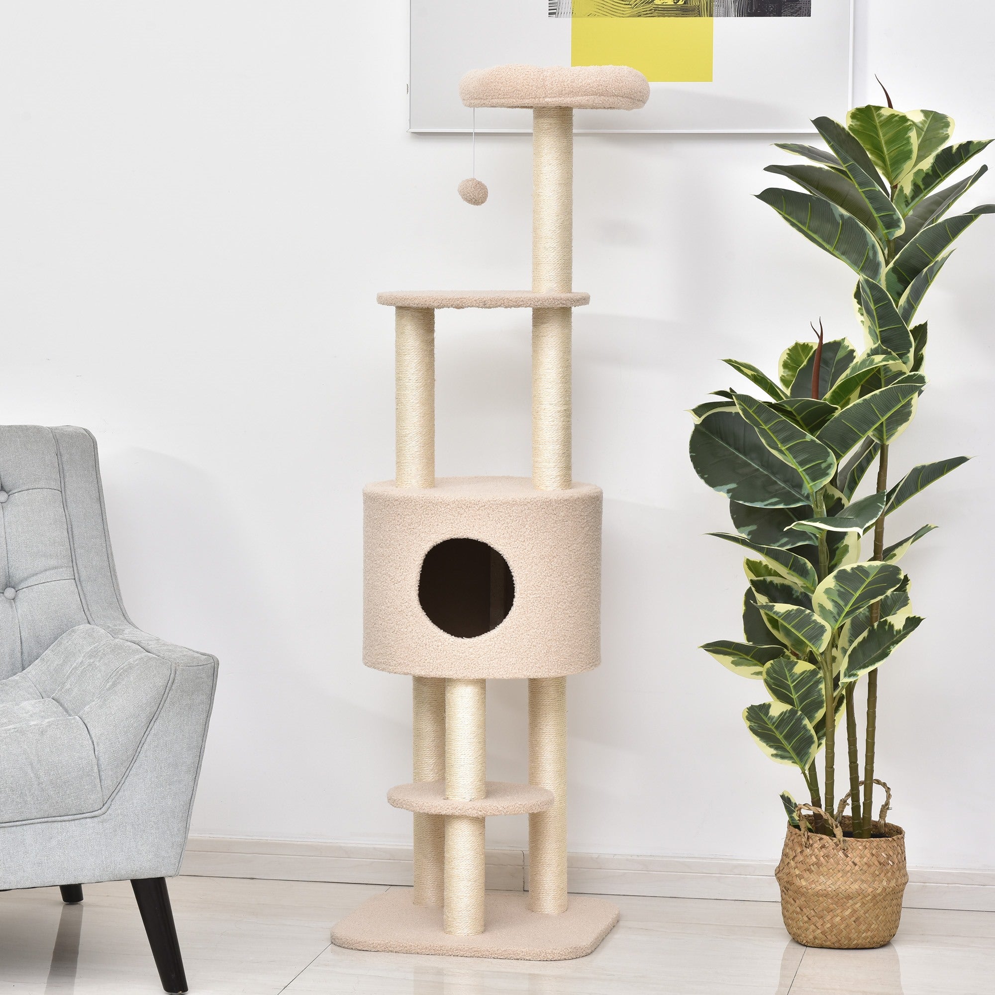 EASYCOMFORT Sturdy Scratching Post for Cats with 5 Levels, Kennel, House, Games and Sisal Rope, Beige, Max 30kg