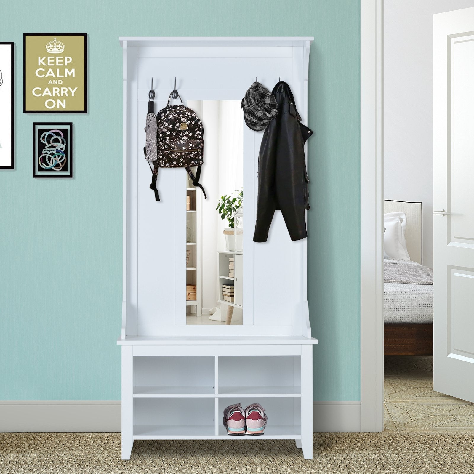 Easycomfort Appendiabiti Attaccapanni da Terra with Specchio Scarpiera 4 Ganci Legno 80x40x170cm white