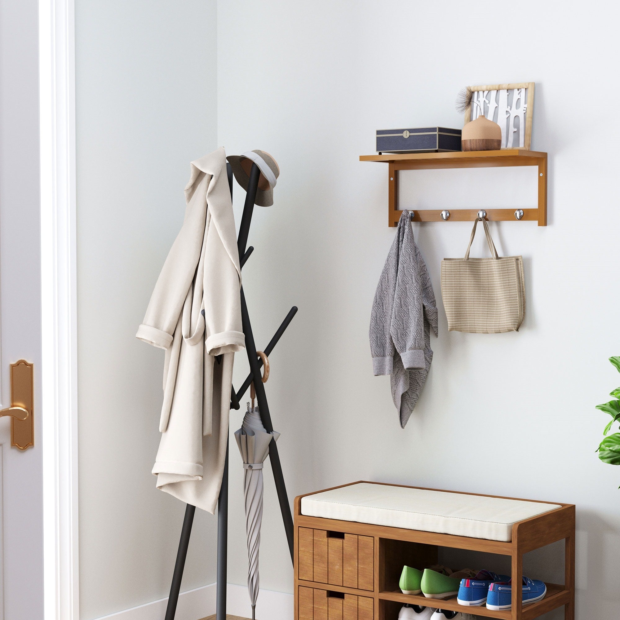 Easycomfort Appendiabiti with Mensola Attaccapanni wall-mounted with Ripiano Bambù 50 × 16 × 17.5cm