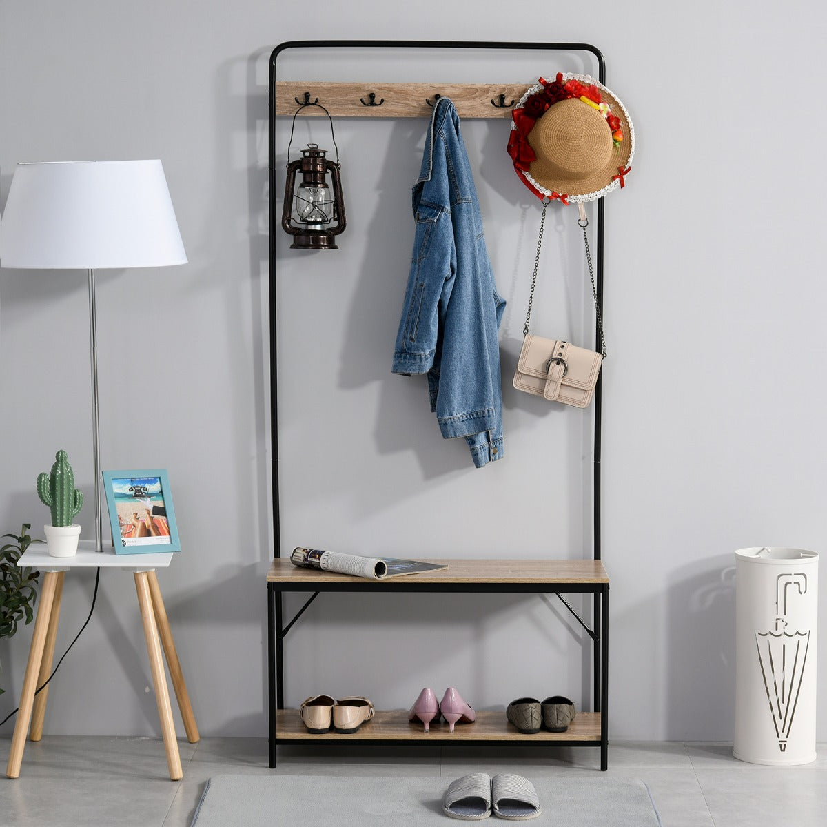 EasyComfort Kapstok met bank en schoenenrek, industrieel 80.5x30x170 cm