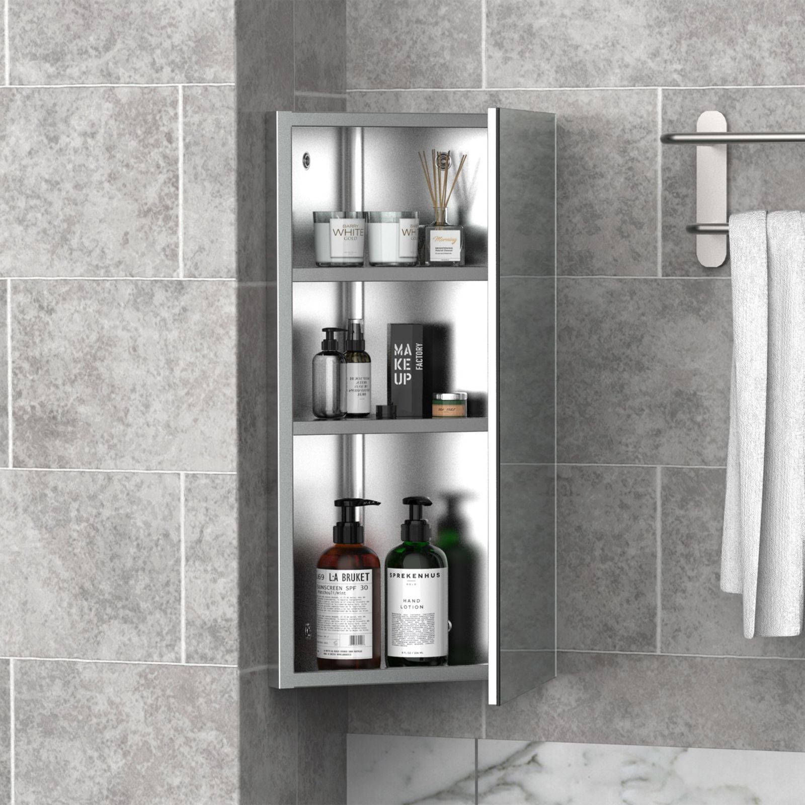 Easycomfort Armadietto Angolare Bagno in Acciaio Anta a Specchio Chiusura Magnetica 3 Ripiani Salvaspazio 60x30x18.4cm