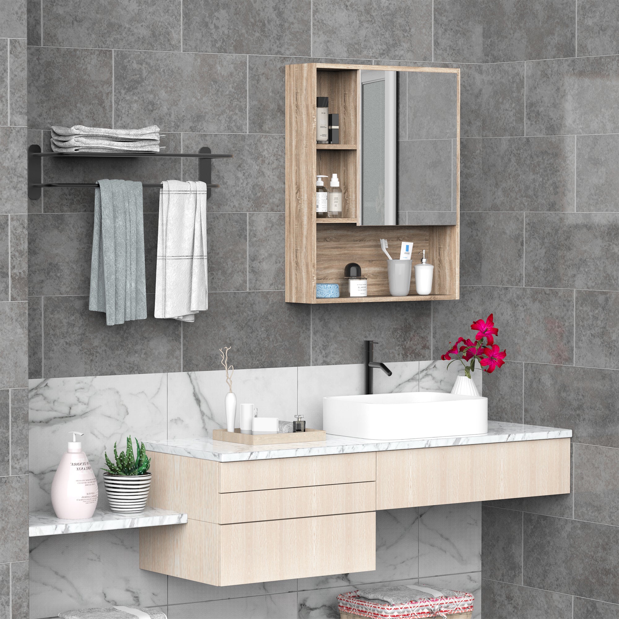 EasyComfort Badkamerkast met spiegel, wandkast 60x15x76 cm, eiken