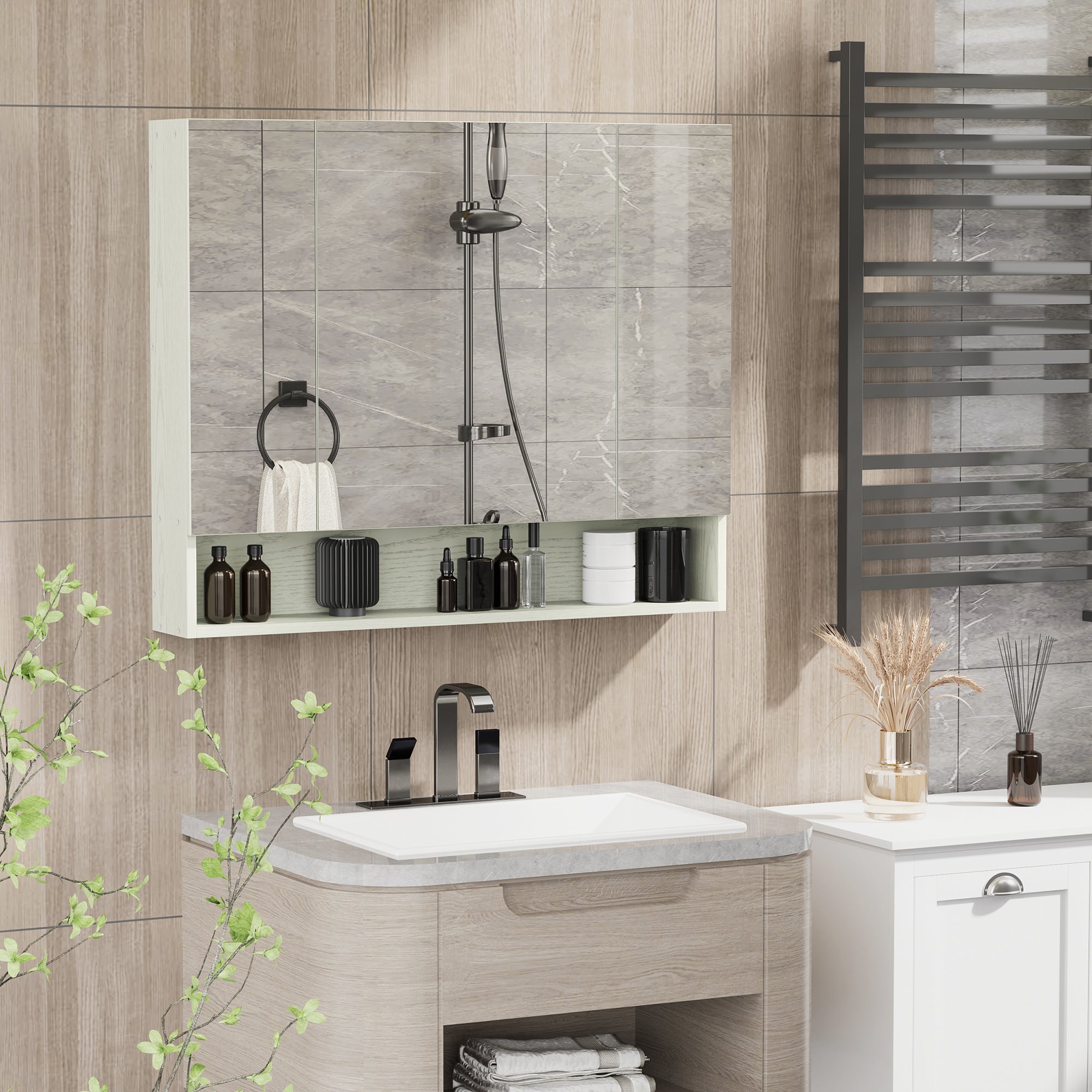 EasyComfort Armadietto Moderno da Bagno with Specchio a 4 Sezioni with Ripiani Regolabili, wall-mounted in Legno e Vetro, 90x15x75 cm, Grigio