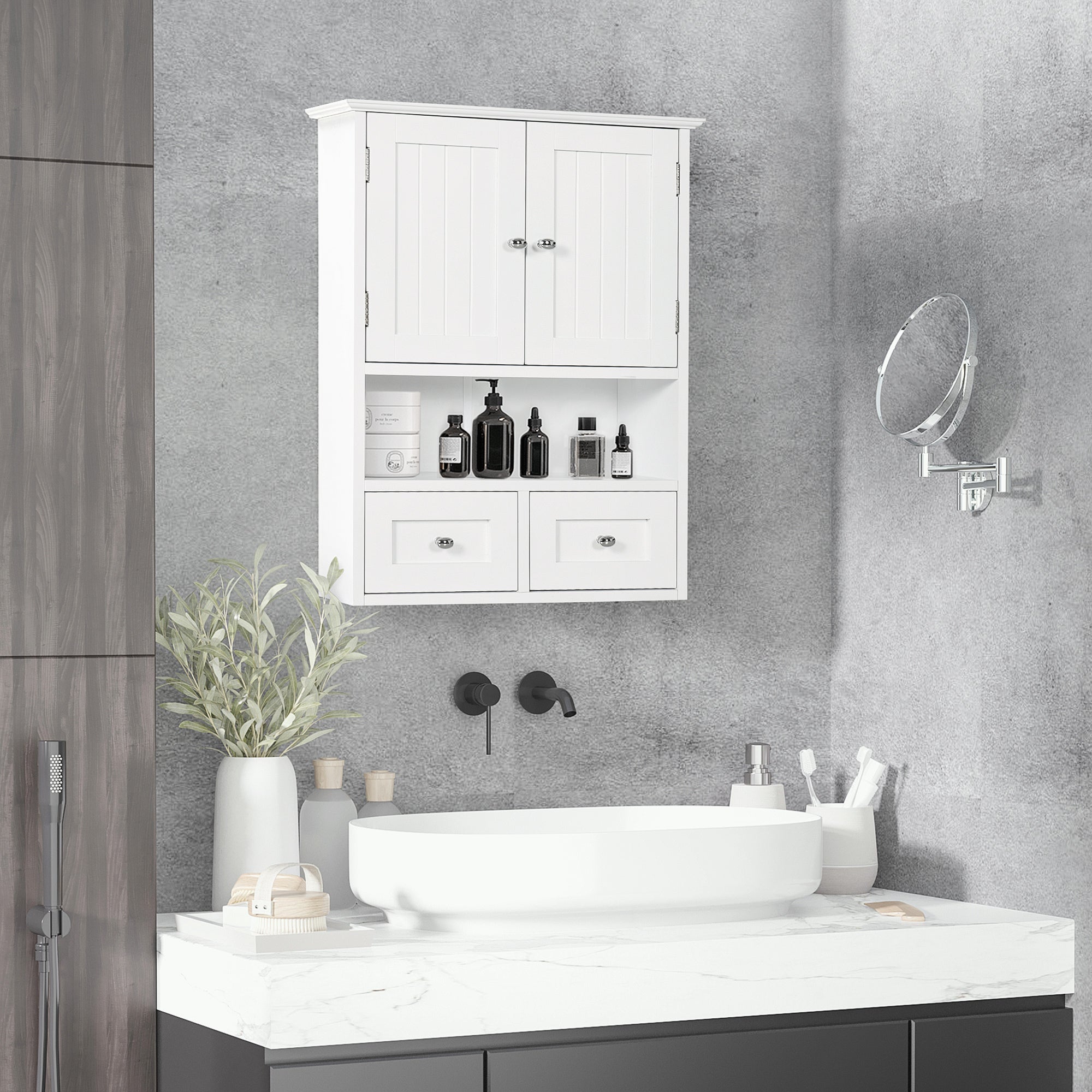EasyComfort Armadietto Pensile Bagno a 2 Ante with Ripiano Aperto e 2 Cassetti in Legno, white
