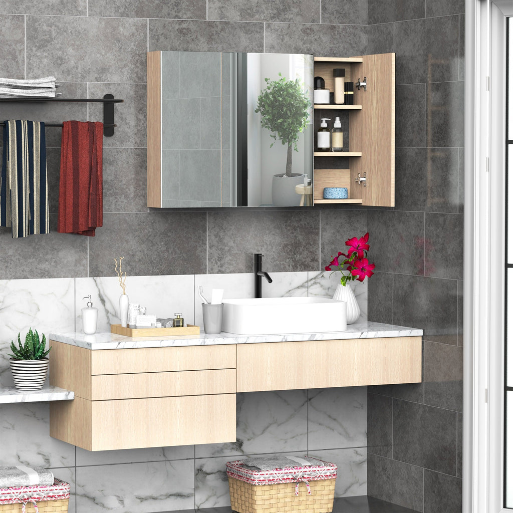Easycomfort Armadietto Pensile da Bagno wall-mounted with Specchio a 3 Ante e Ripiani Regolabili in Legno 90x60x13.5cm