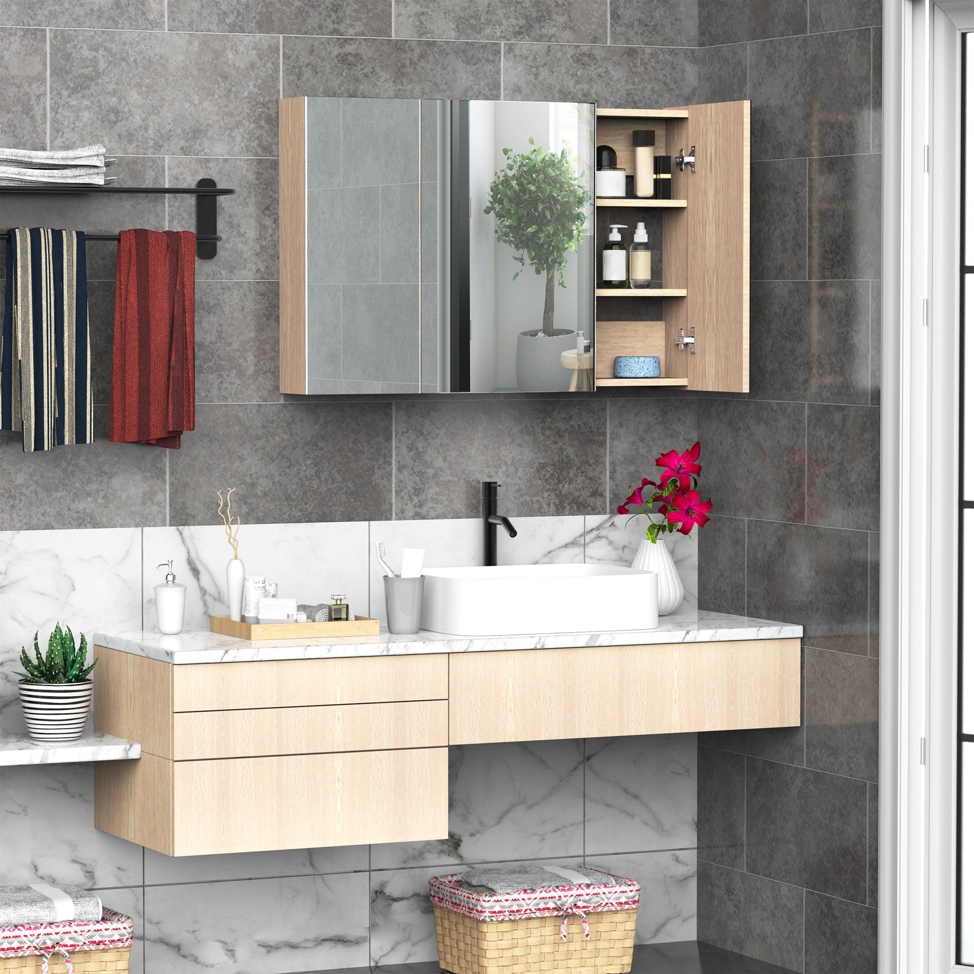Easycomfort Armadietto Pensile da Bagno wall-mounted with Specchio a 3 Ante e Ripiani Regolabili in Legno 90x60x13.5cm