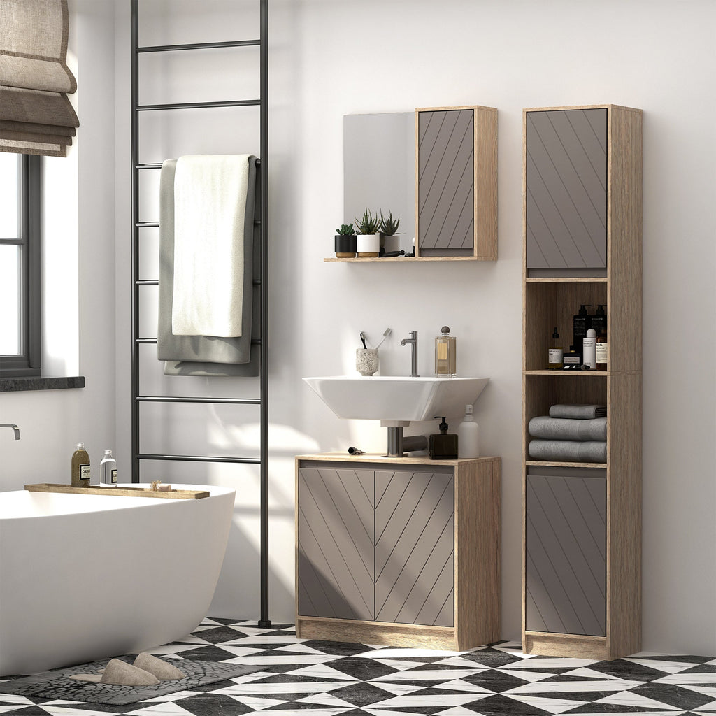 EasyComfort Mobiletto Bagno Salvaspazio da Bagno Sospeso with Specchio e Armadietto, incluso Ripiano Regolabile, Grigio e Rovere