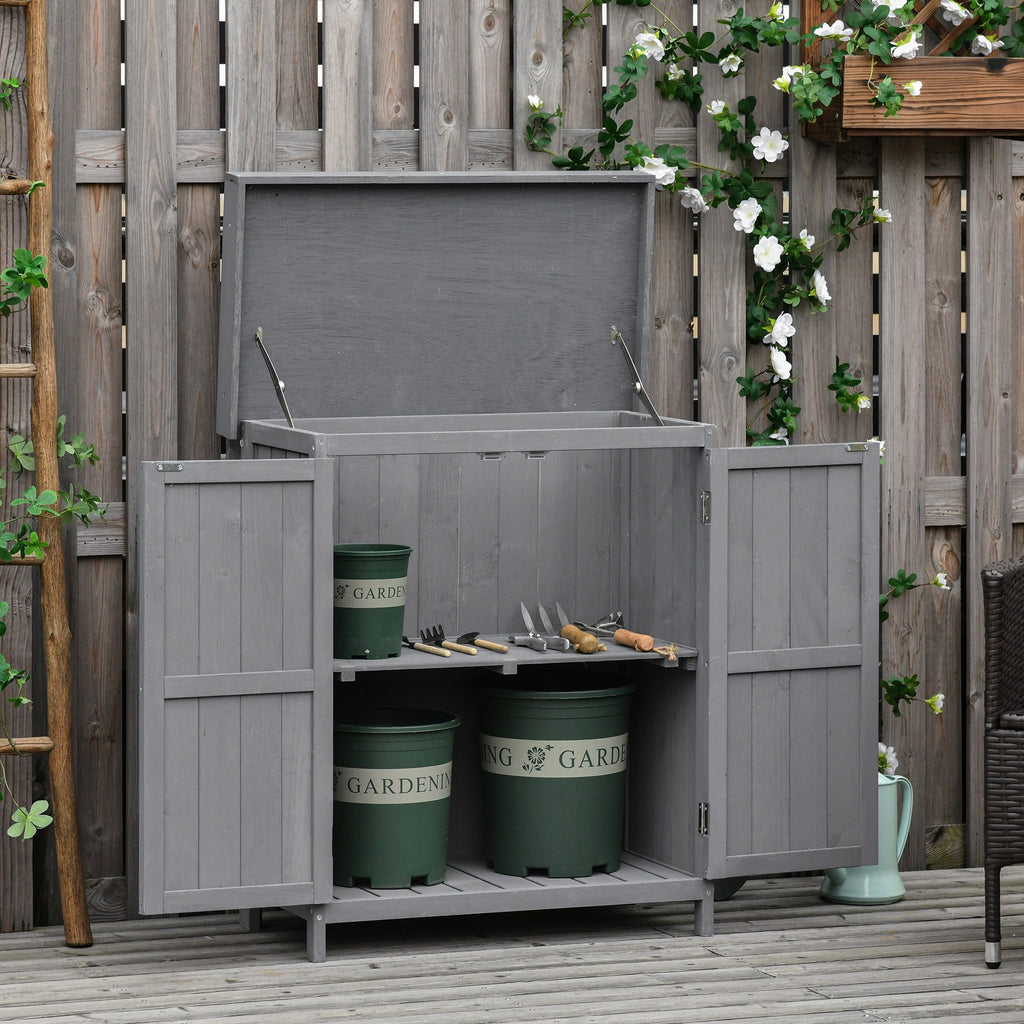 Easycomfort Armadio da Giardino a 2 Ripiani in Legno di Abete with Tetto Apribile, 74x43x88 cm, Grigio Scuro