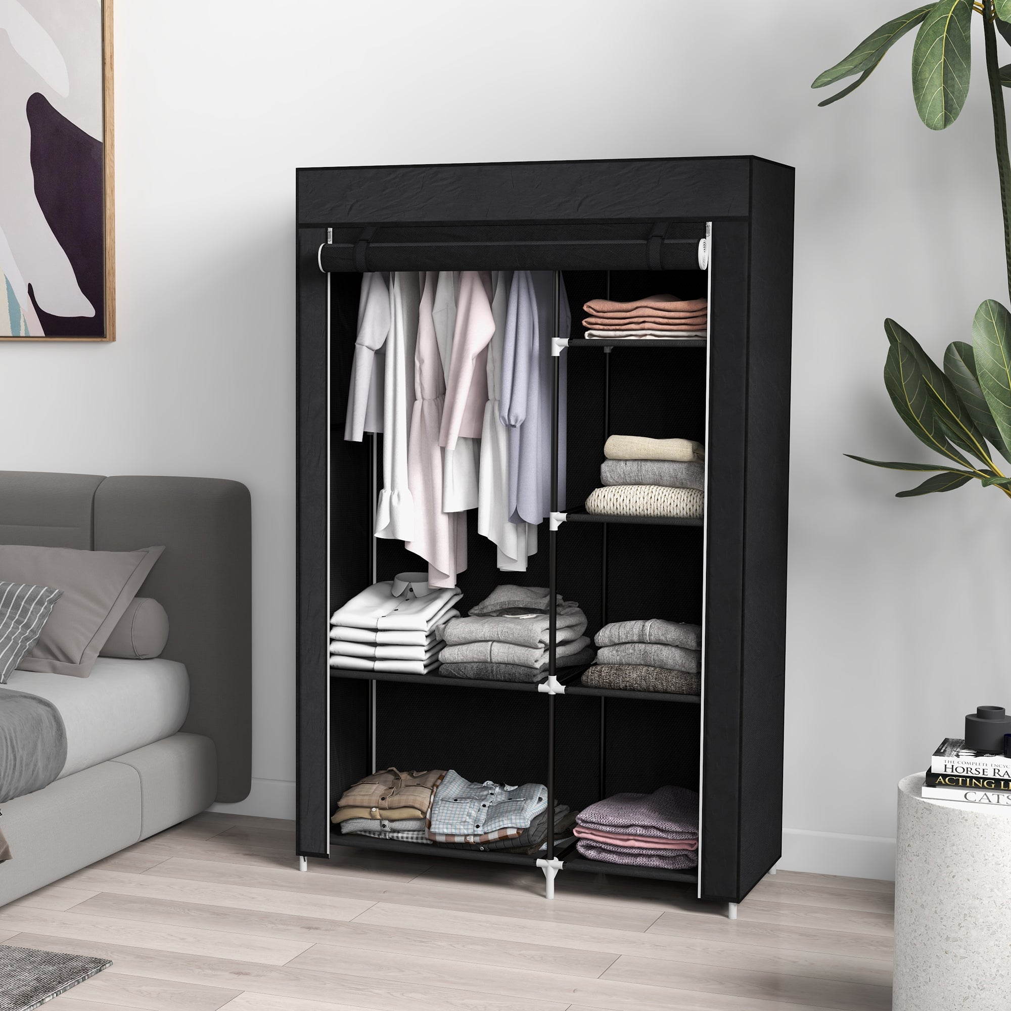 EasyComfort Kledingkast (textiel) 6 planken + hangstang 103x43x162.5 cm zwart
