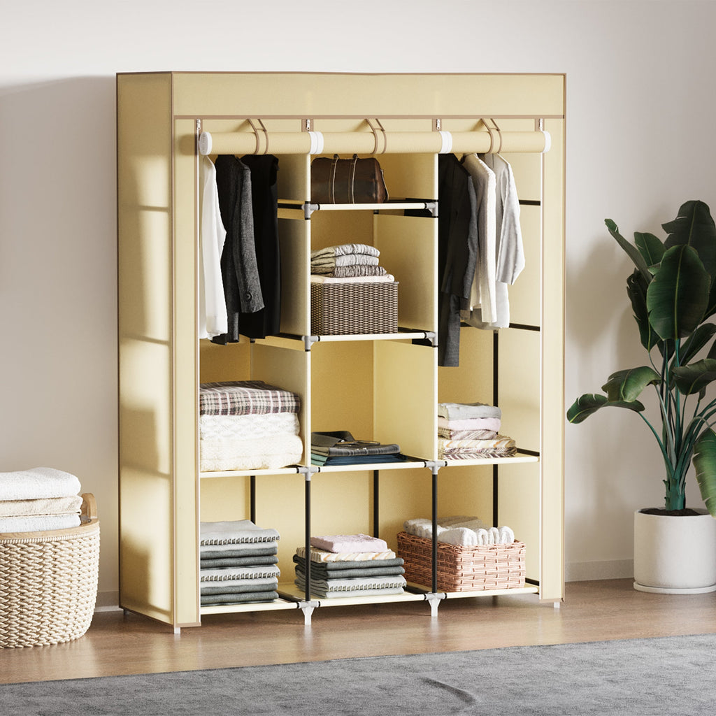 Easycomfort Armadio in Tessuto with 8 Ripiani e 2 Barre with Porta Avvolgibile, 125x46x162.5cm, Beige
