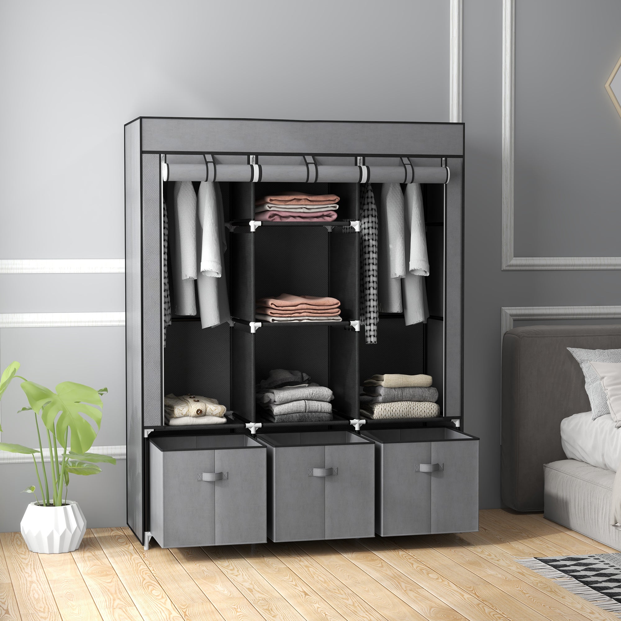 EasyComfort Armadio in Tessuto Pieghevole with Cassetti e Ante Avvolgibili with Zip, 125x43x162.5cm, Grigio Scuro