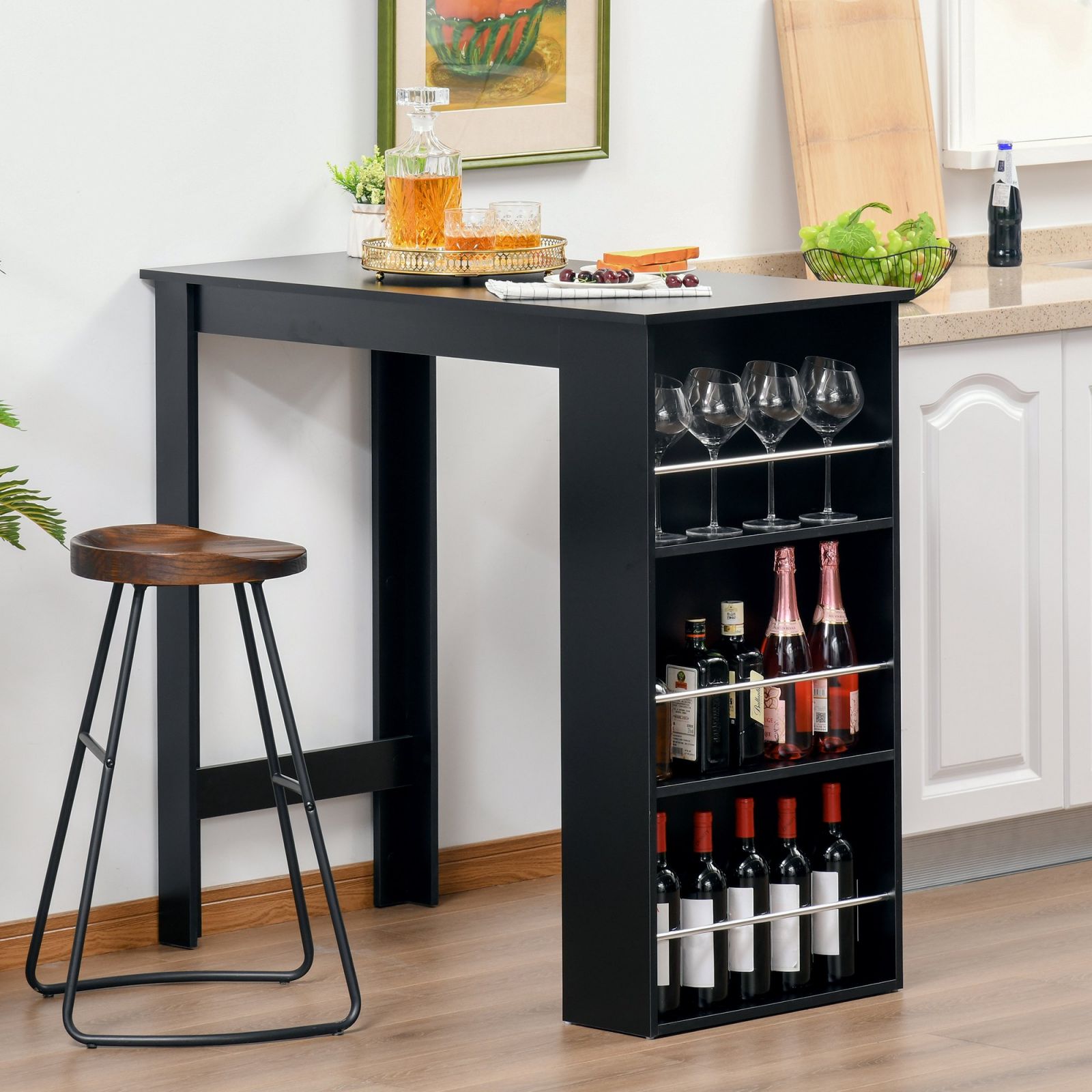 Easycomfort Bancone da Cucina Tavolo Alto with 3 Mensole in Legno, Tavolo da Bar Cucina Arredamento Moderno Casa e Bar, 112x57x106cm, black