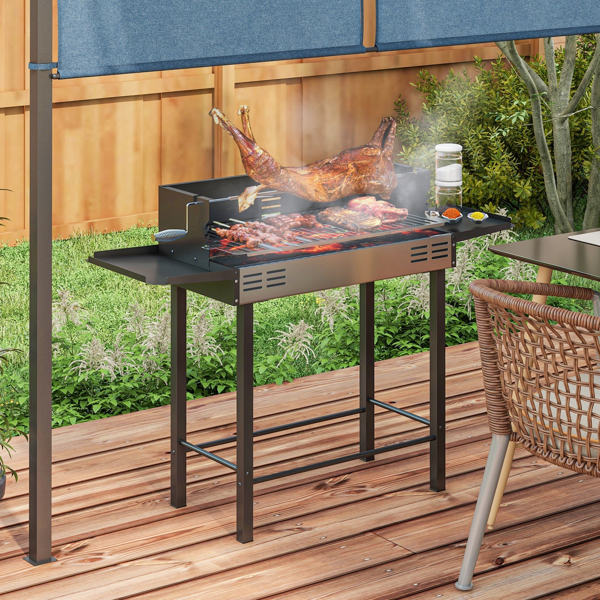 EasyComfort Barbecue a Carbone a 3 Livelli with Mensole Pieghevoli e Girarrosto, in Acciaio Inox, 118x32x90 cm, black
